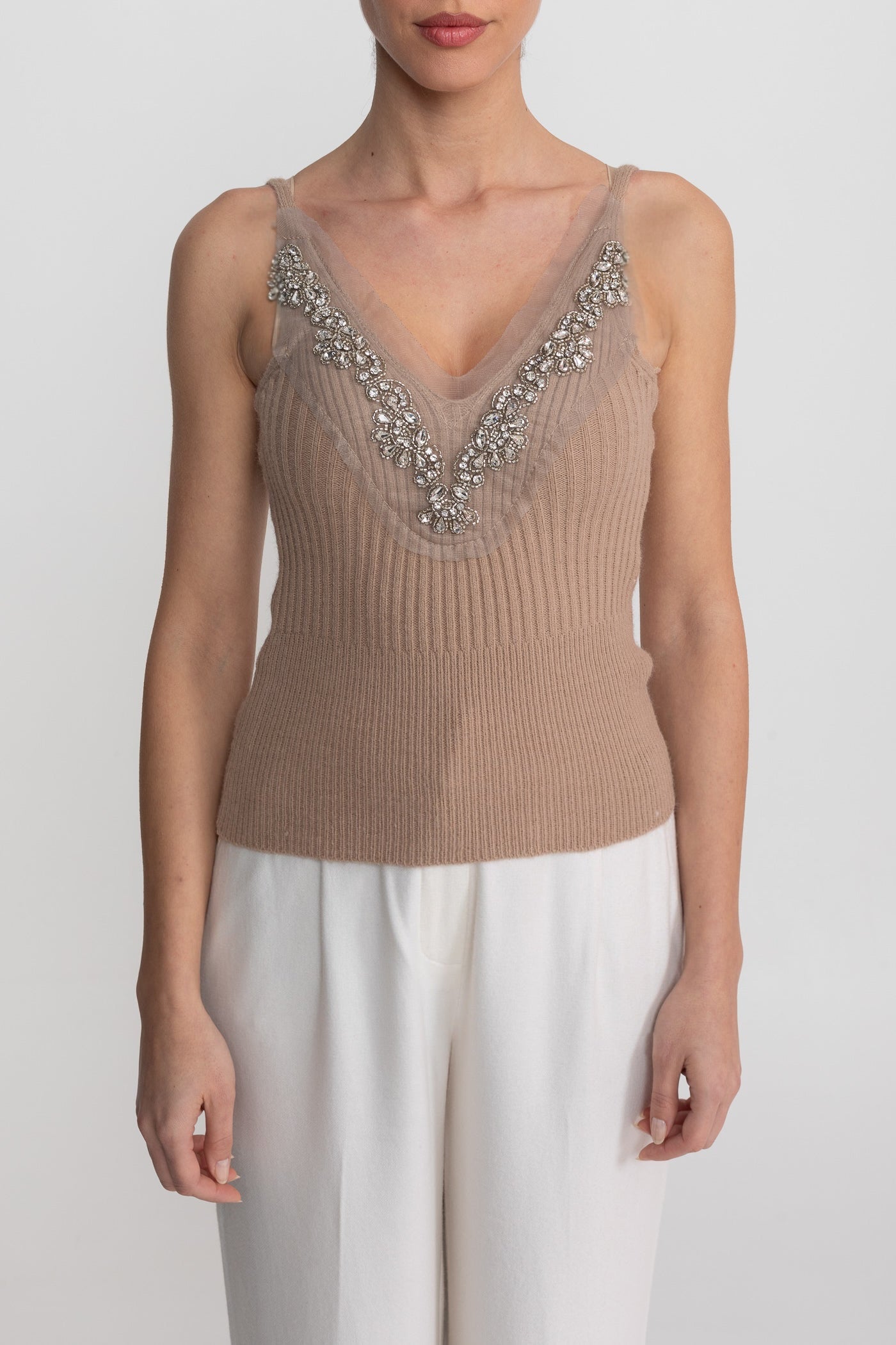 Completo in Maglia Due Pezzi con Decorazioni in Cristallo e Polsini Rifiniti - Beige 