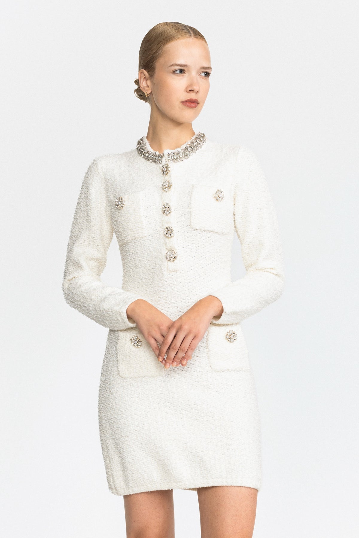 Abito mini in maglia bouclé con colletto gioiello - Bianco 