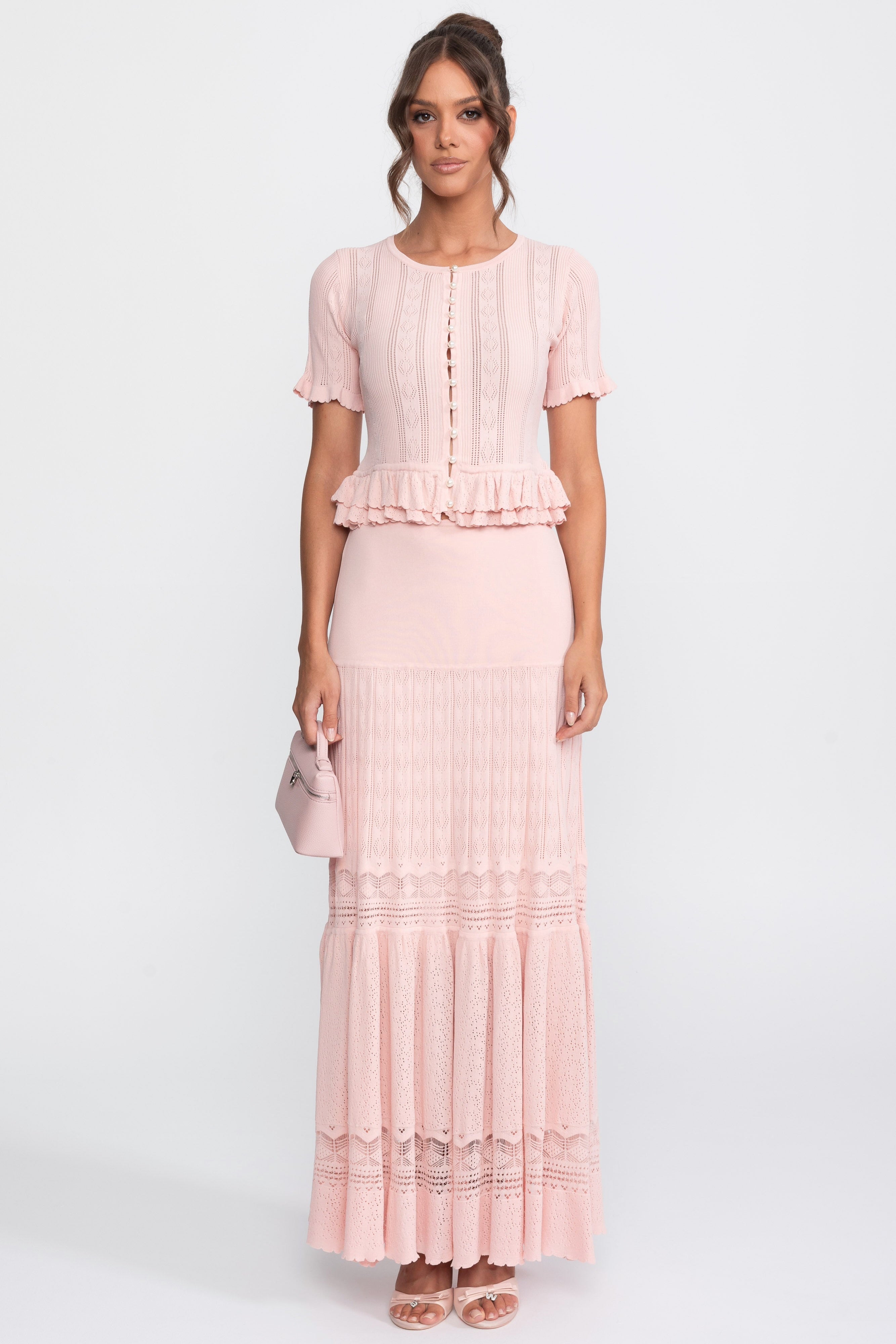 Set coordinato in maglia a due pezzi con vita increspata - Pink 