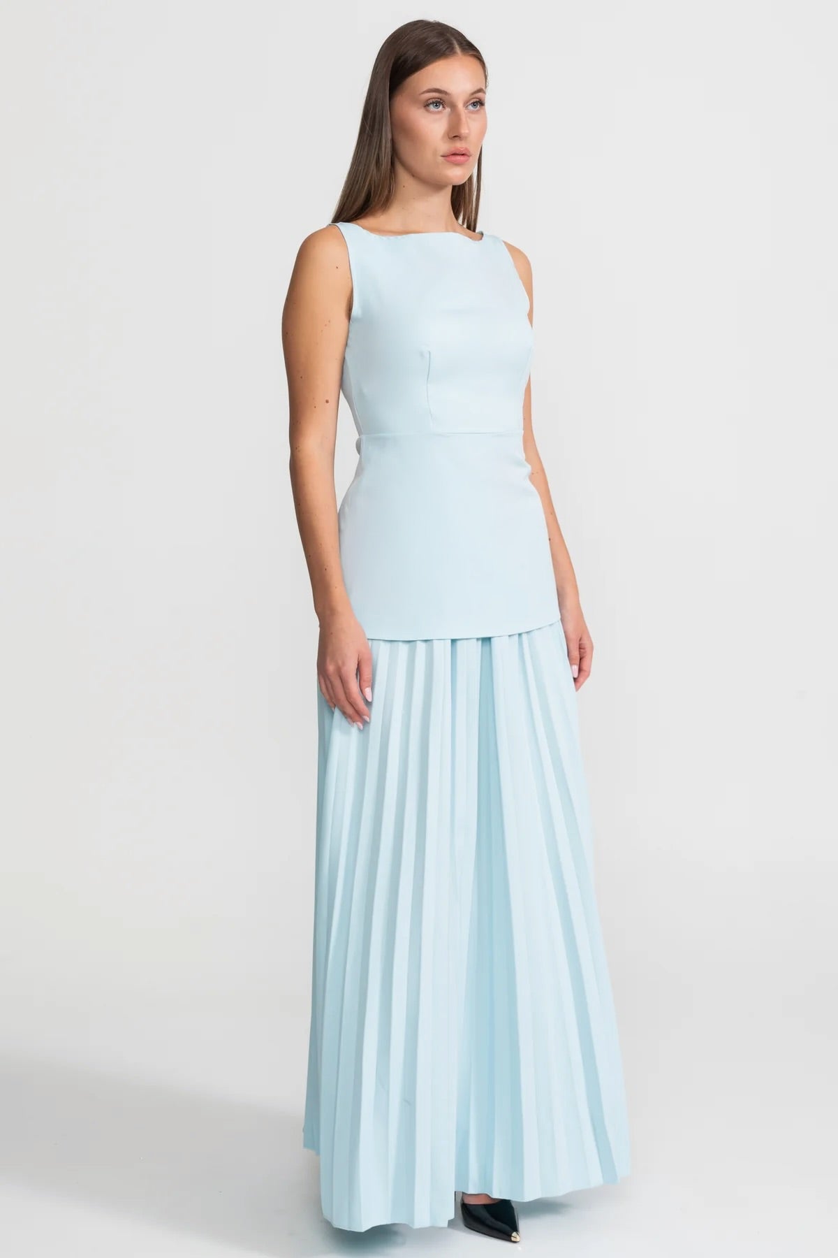 Sleeveless Maxi Co-Ord With Tailored Bodice And Pleated Skirt - Blue