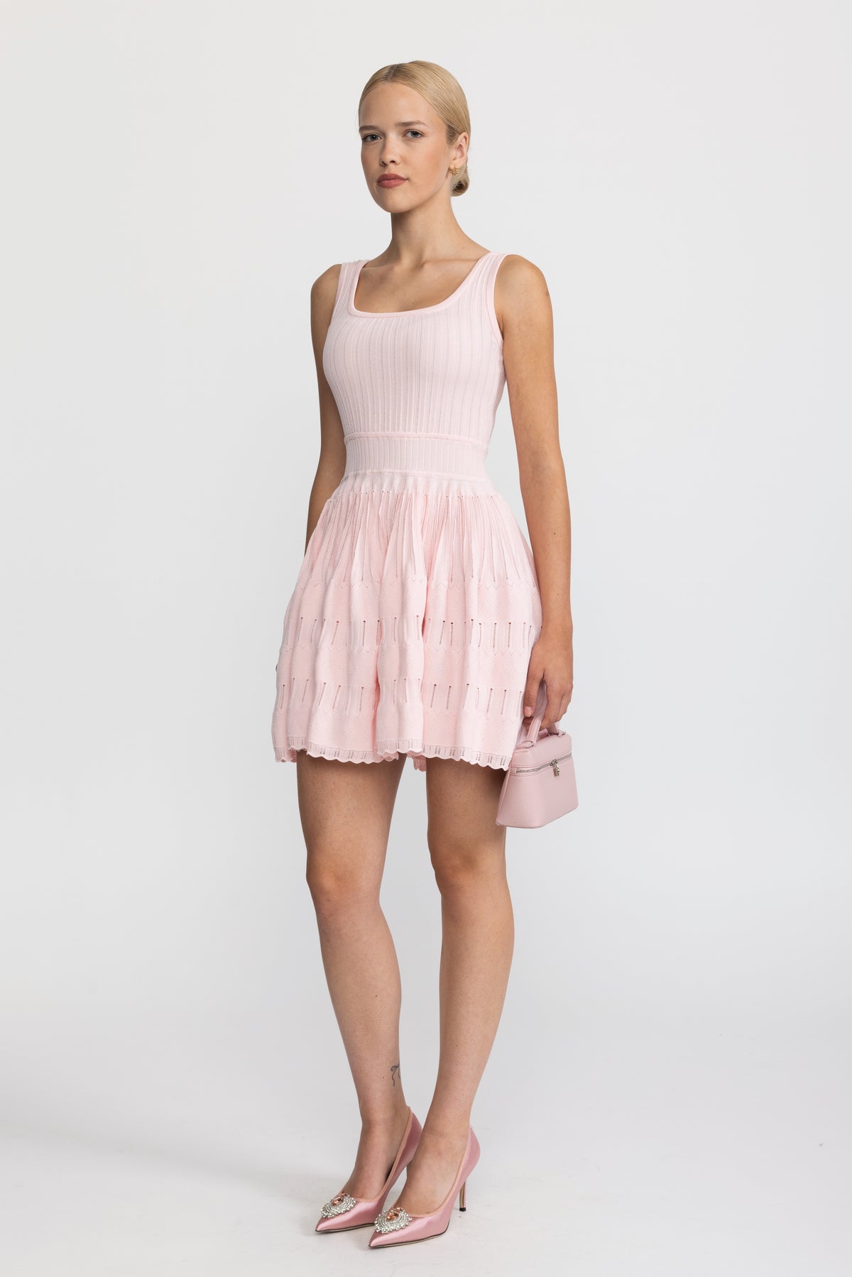 Mini abito skater in maglia pointelle - Rosa 