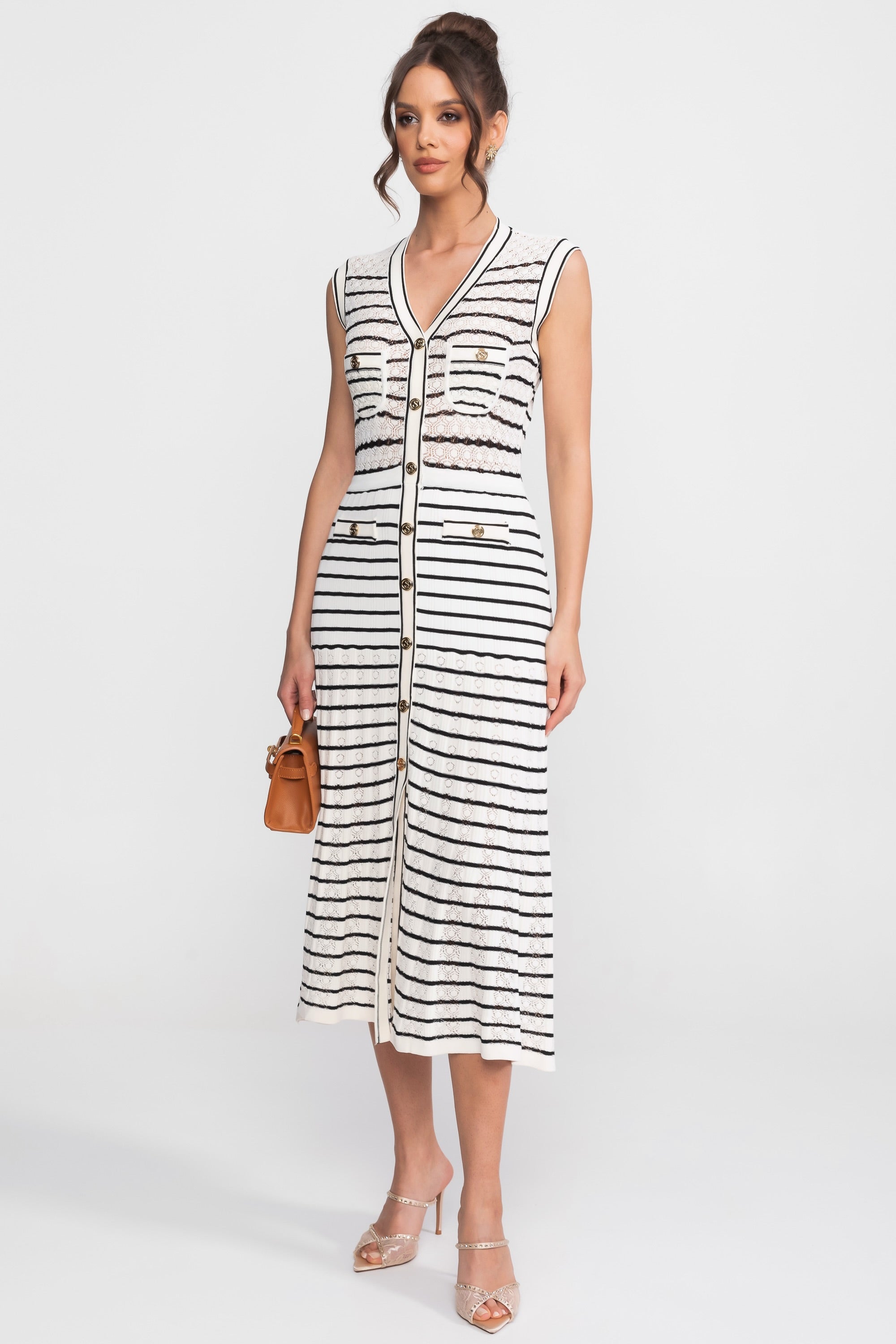 Abito Midi in Maglia Senza Maniche a Righe con Scollo a V e Bottoni Dorati - Bianco/Nero 