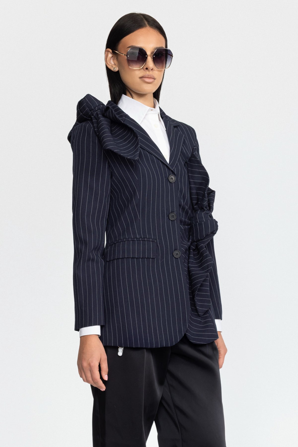 Blazer con fiocco annodato gessato - Navy 