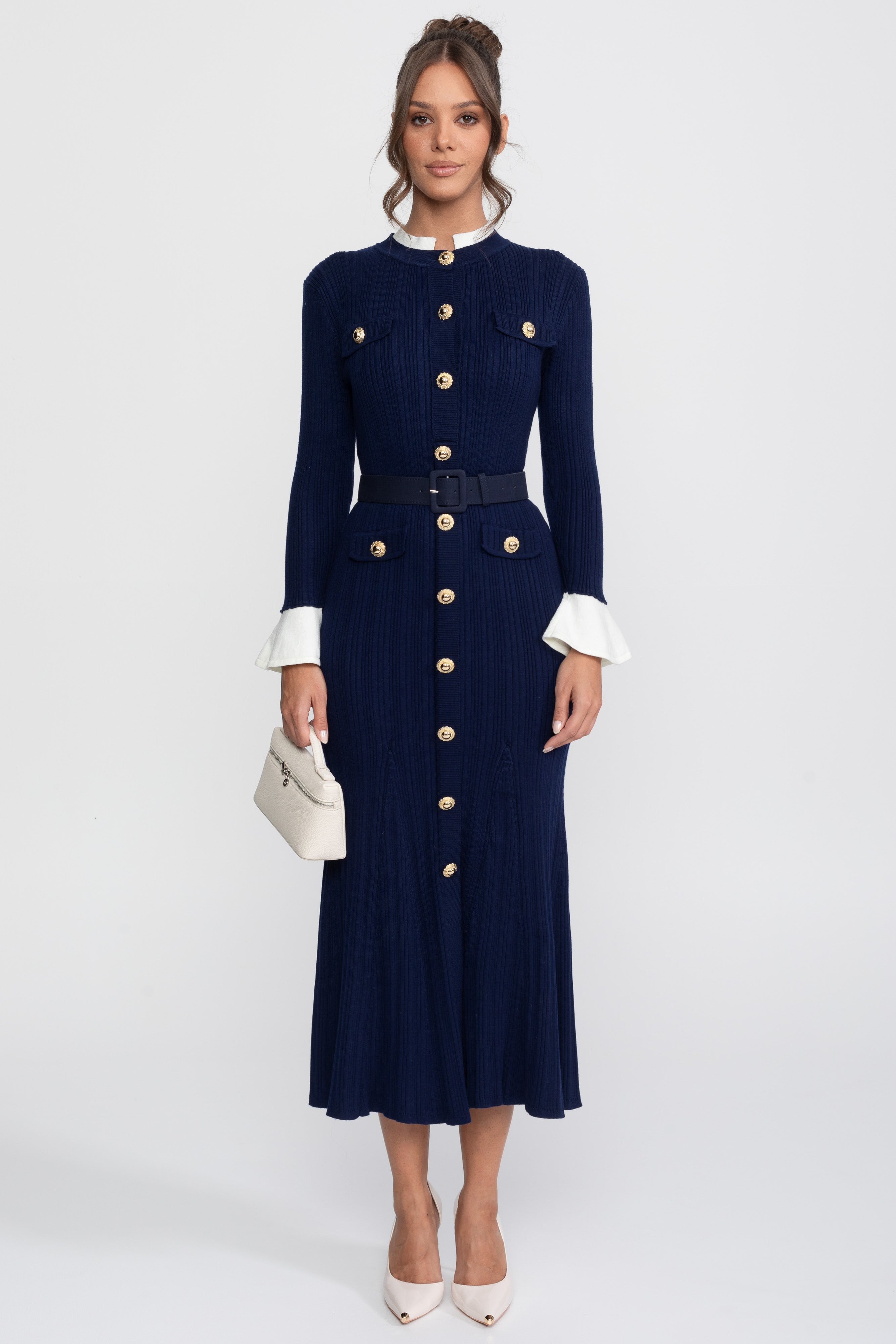 Ribbed Knit Belted Midi Dress With White Cuffs And Collar - Navy