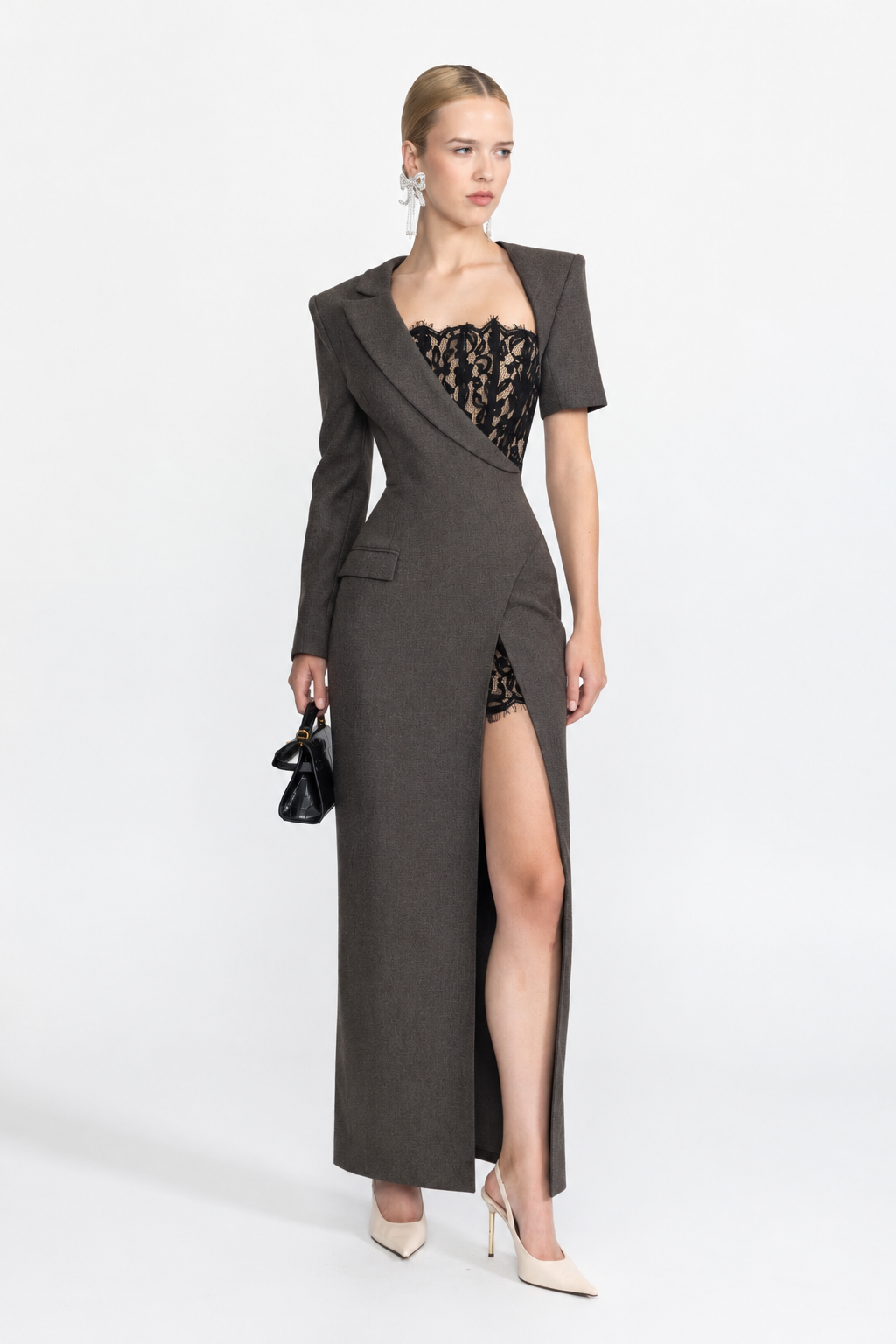 Abito maxi blazer asimmetrico con bustier in pizzo - antracite 