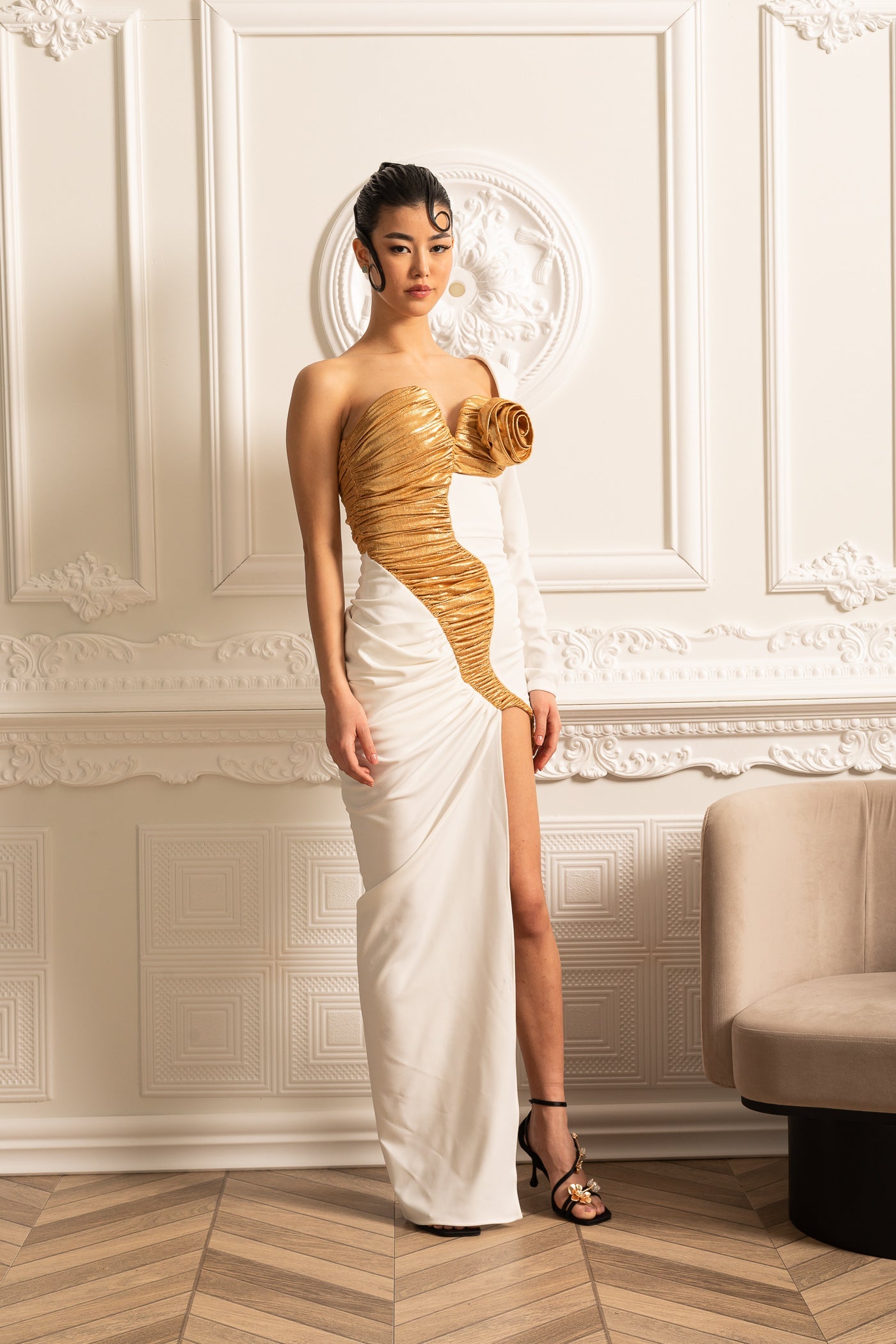 Asymmetrical Gown With Ruched Gold Details - White
