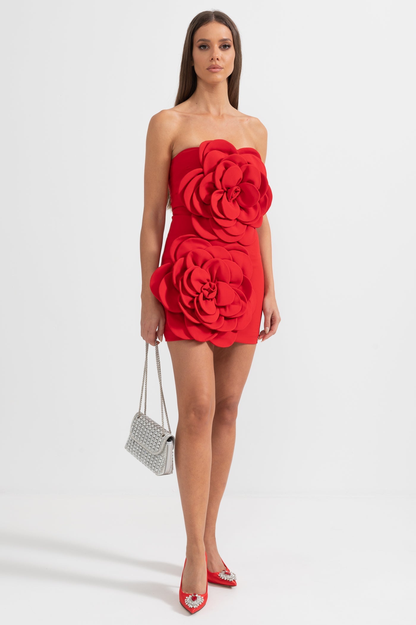 Mini abito voluminoso con motivo floreale - Rosso 