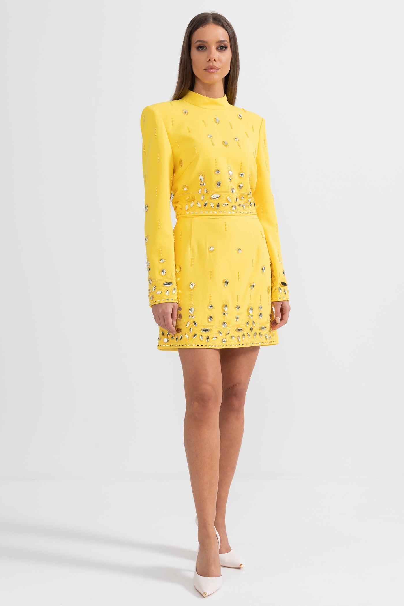 Co-Ord con Strass e Minigonna - Giallo 