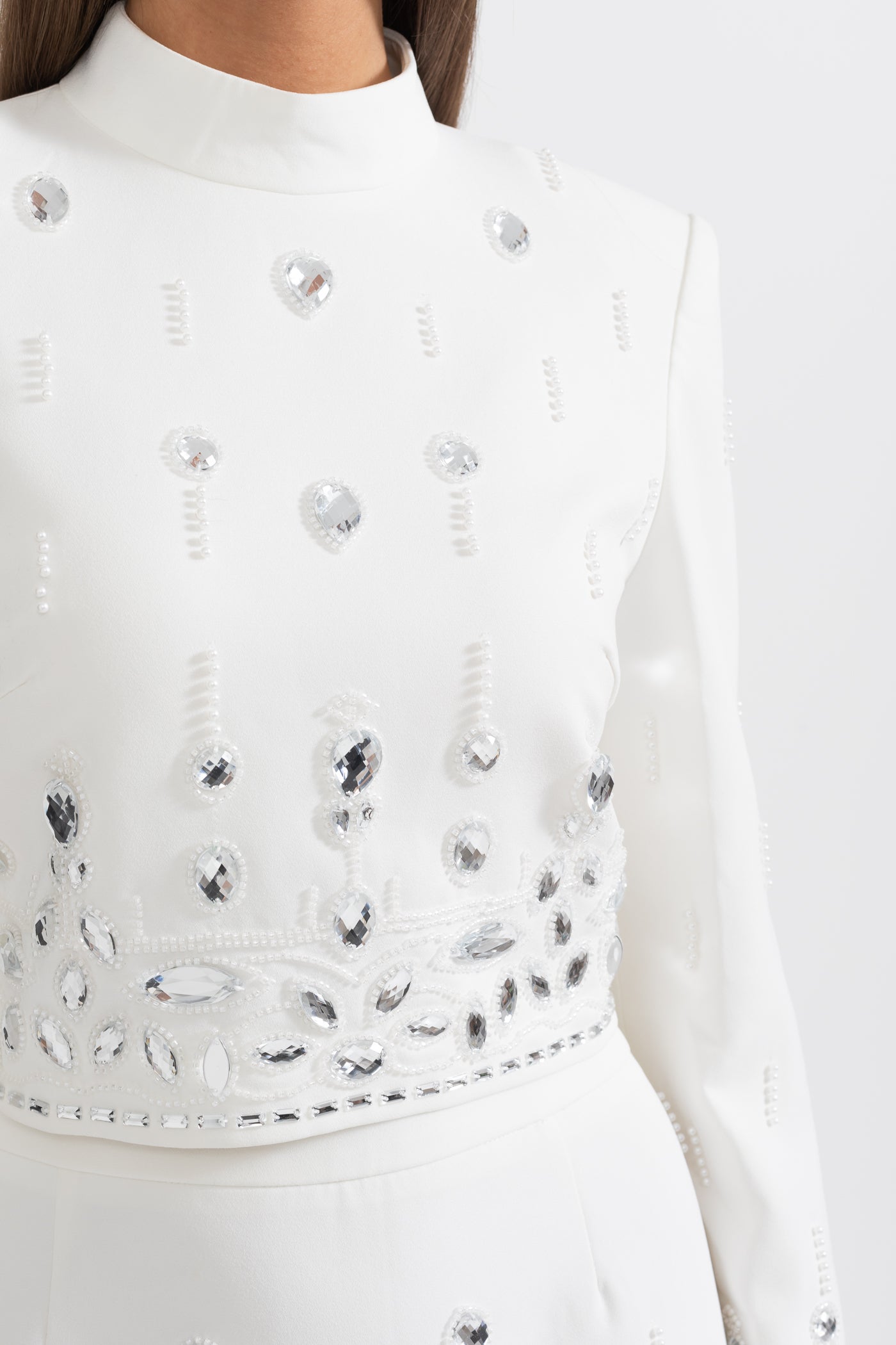 Co-Ord con Decorazioni di Diamanti e Gonna Maxi - Bianco 