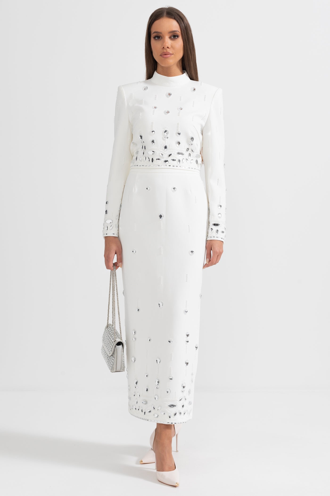 Co-Ord con Decorazioni di Diamanti e Gonna Maxi - Bianco 