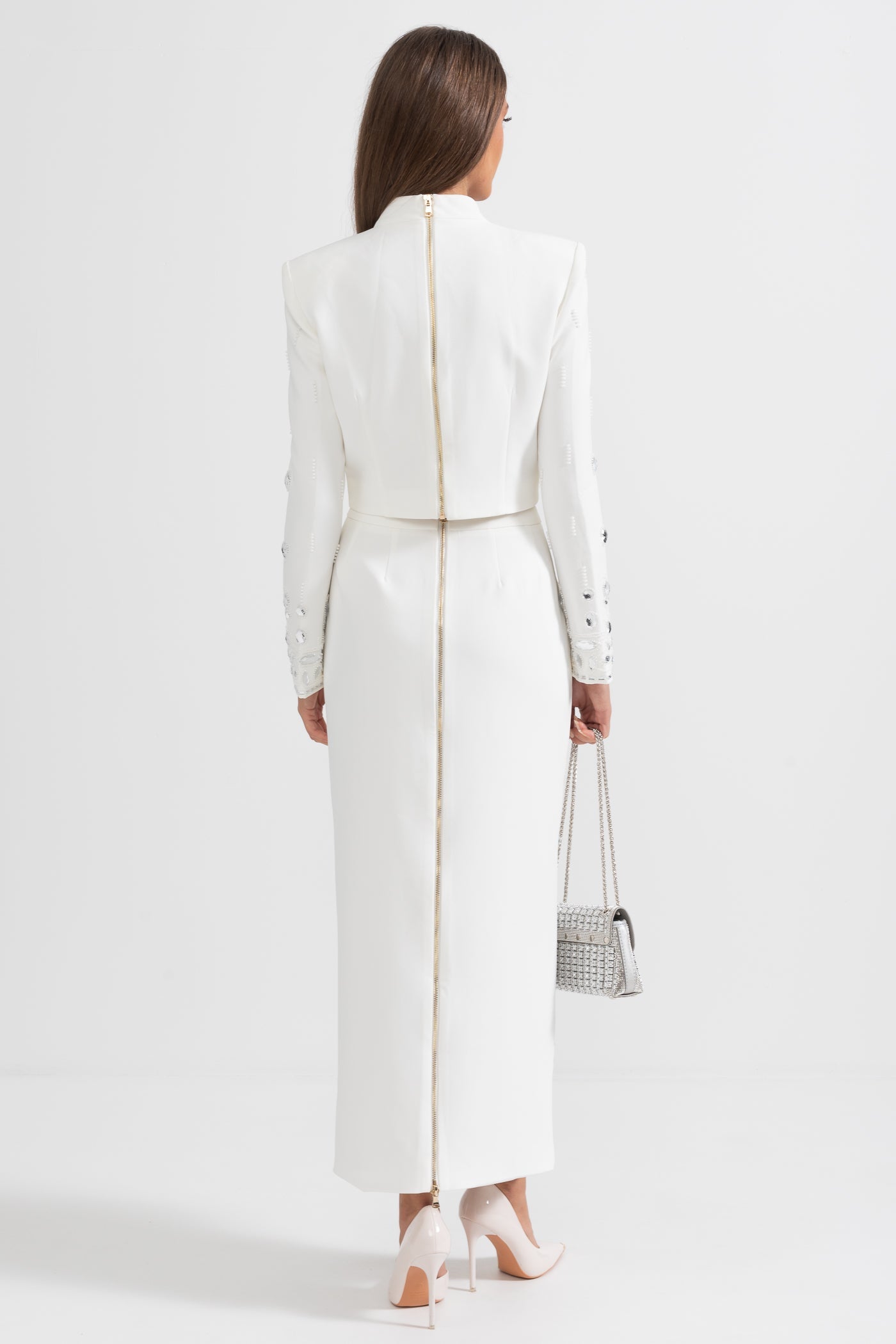 Co-Ord con Decorazioni di Diamanti e Gonna Maxi - Bianco 