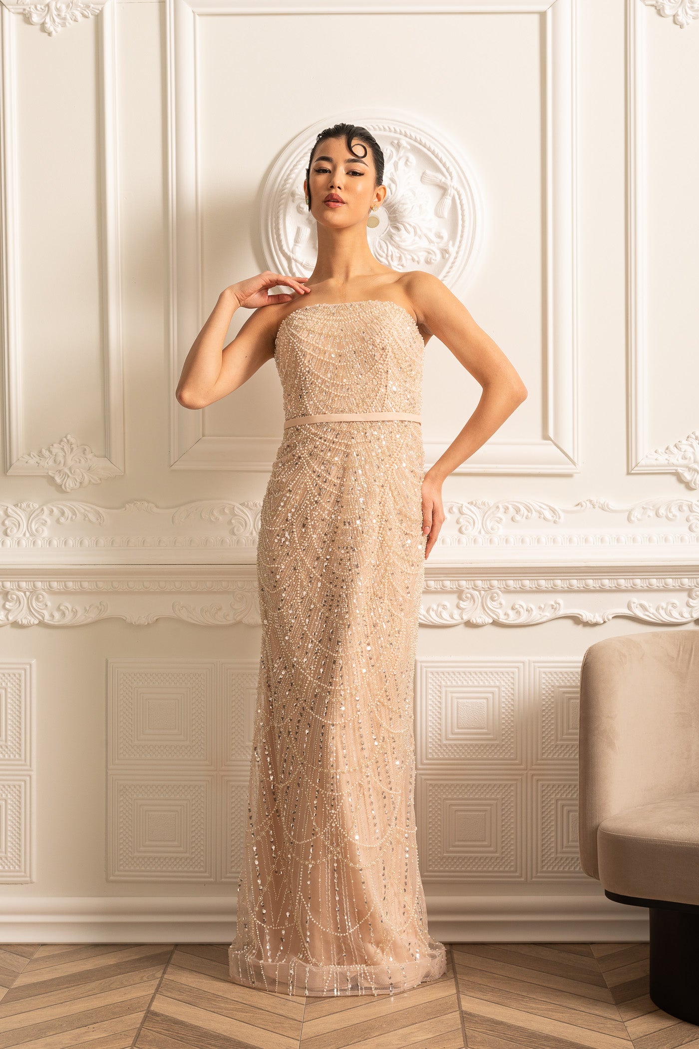 Abito Glamour con Perline e Velo Staccabile - Beige 