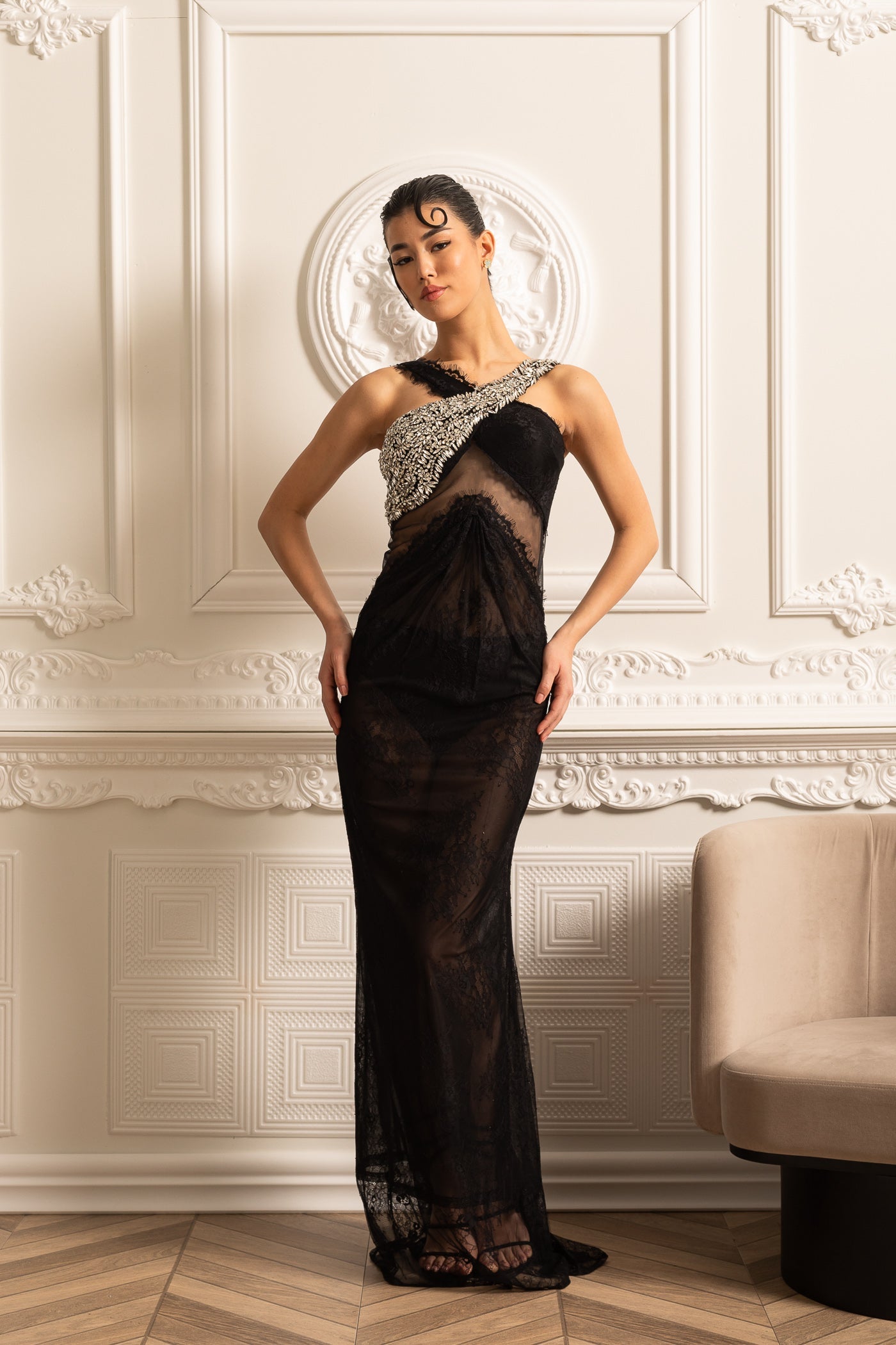 Elegant One-Shoulder Gown With Sheer Lace Cutout And Sparkling Embellishments - Black