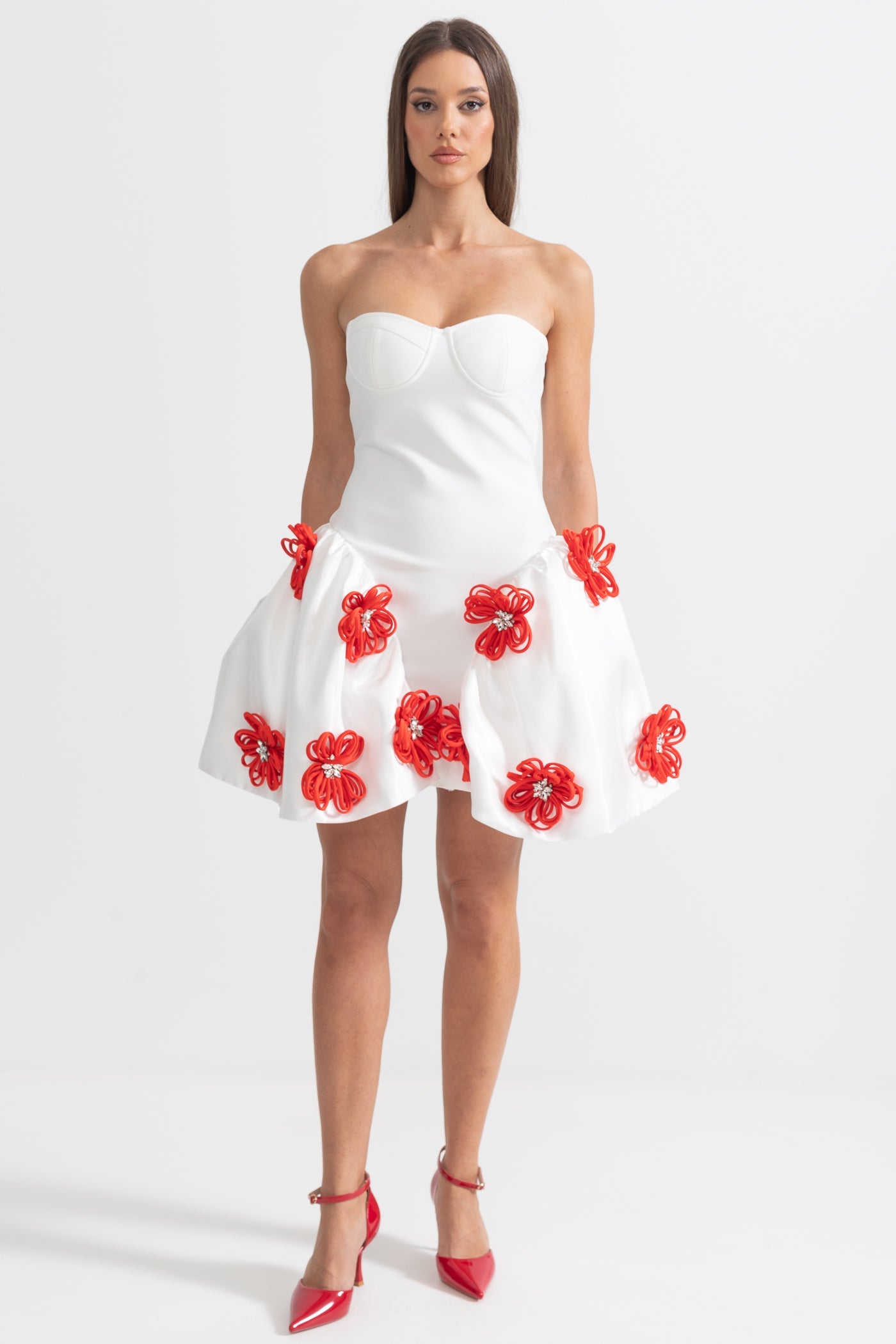 Abito mini elegante con decorazioni floreali 3D argento - Bianco 