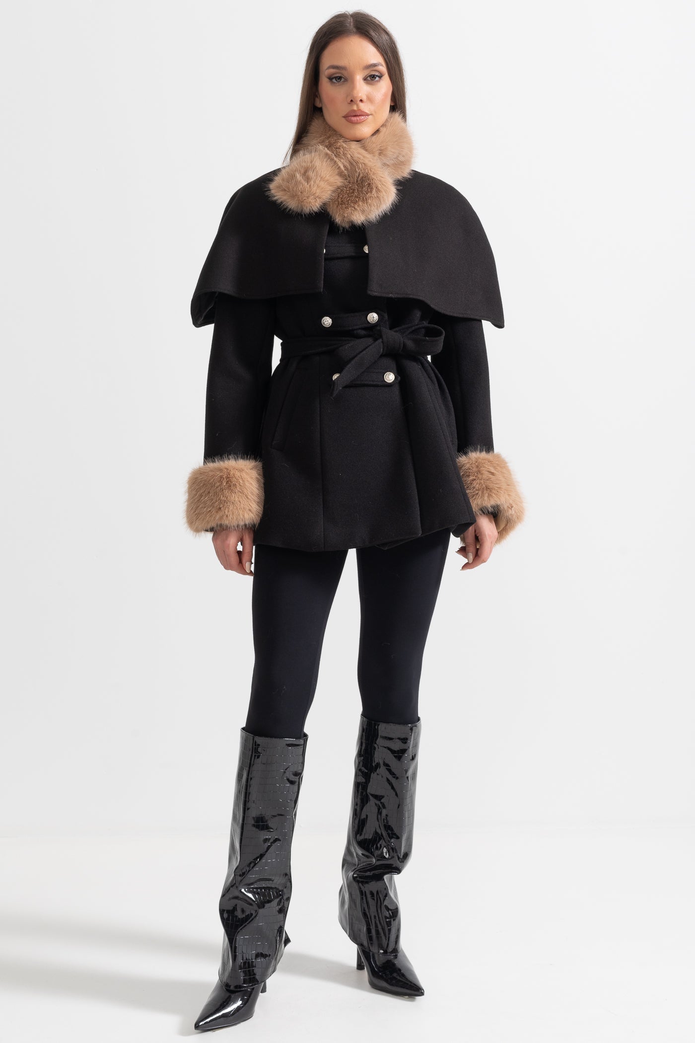 Double-Breasted Coat With Detachable Cape - Black