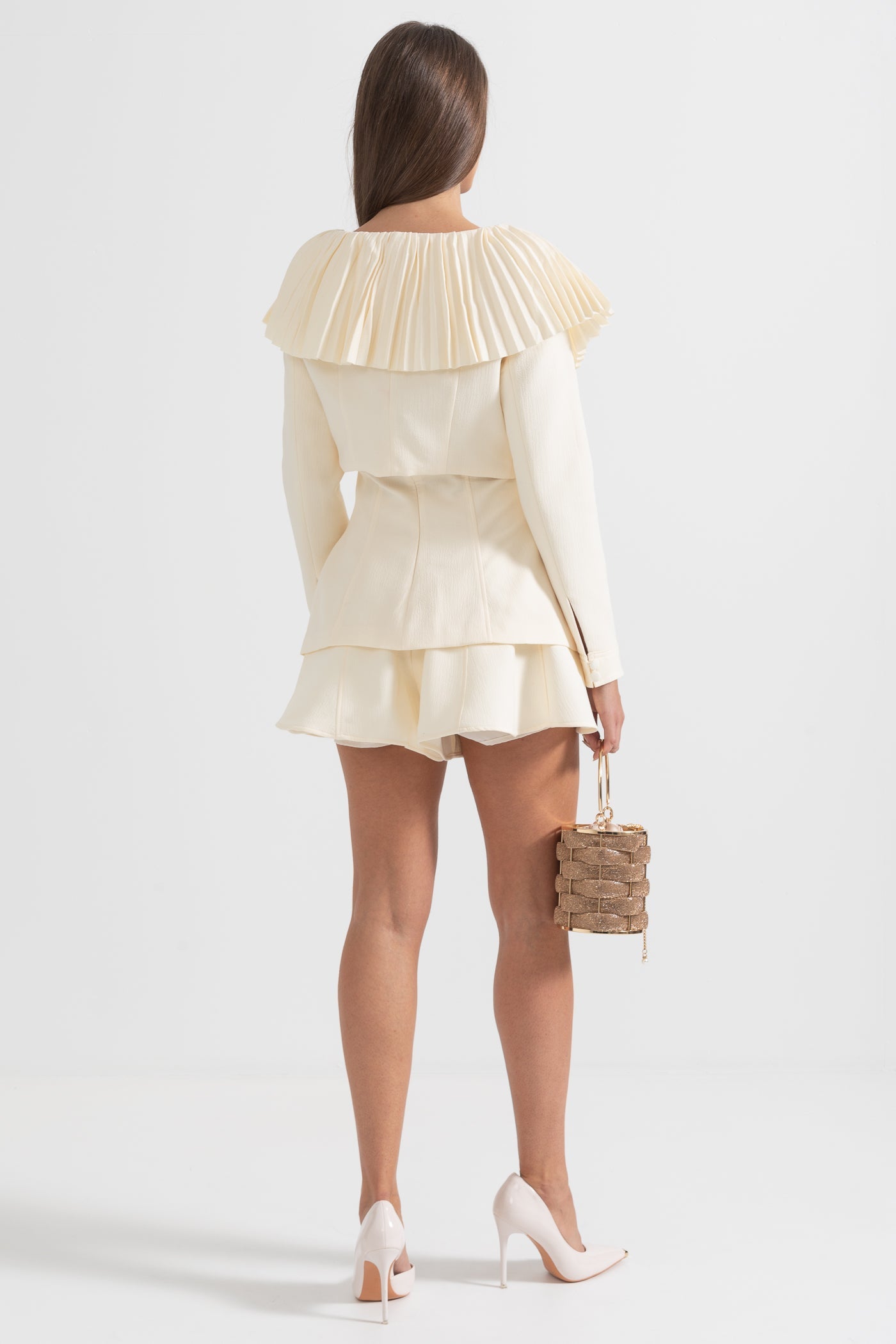 Elegante abito 3 pezzi con colletto e gonna plissettati e staccabili - Ivoire 