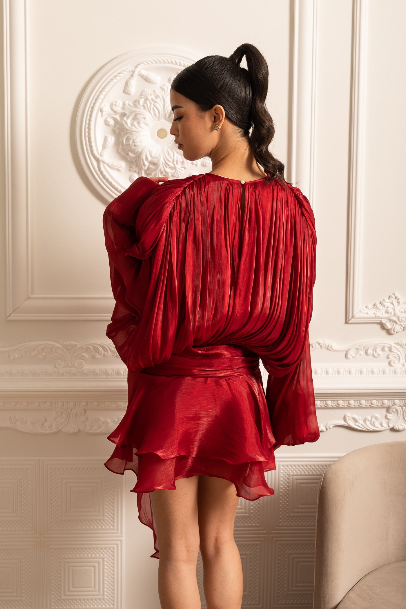 Draped Long-Sleeved Dress with Mini Skirt And Ruched Waistband - Red
