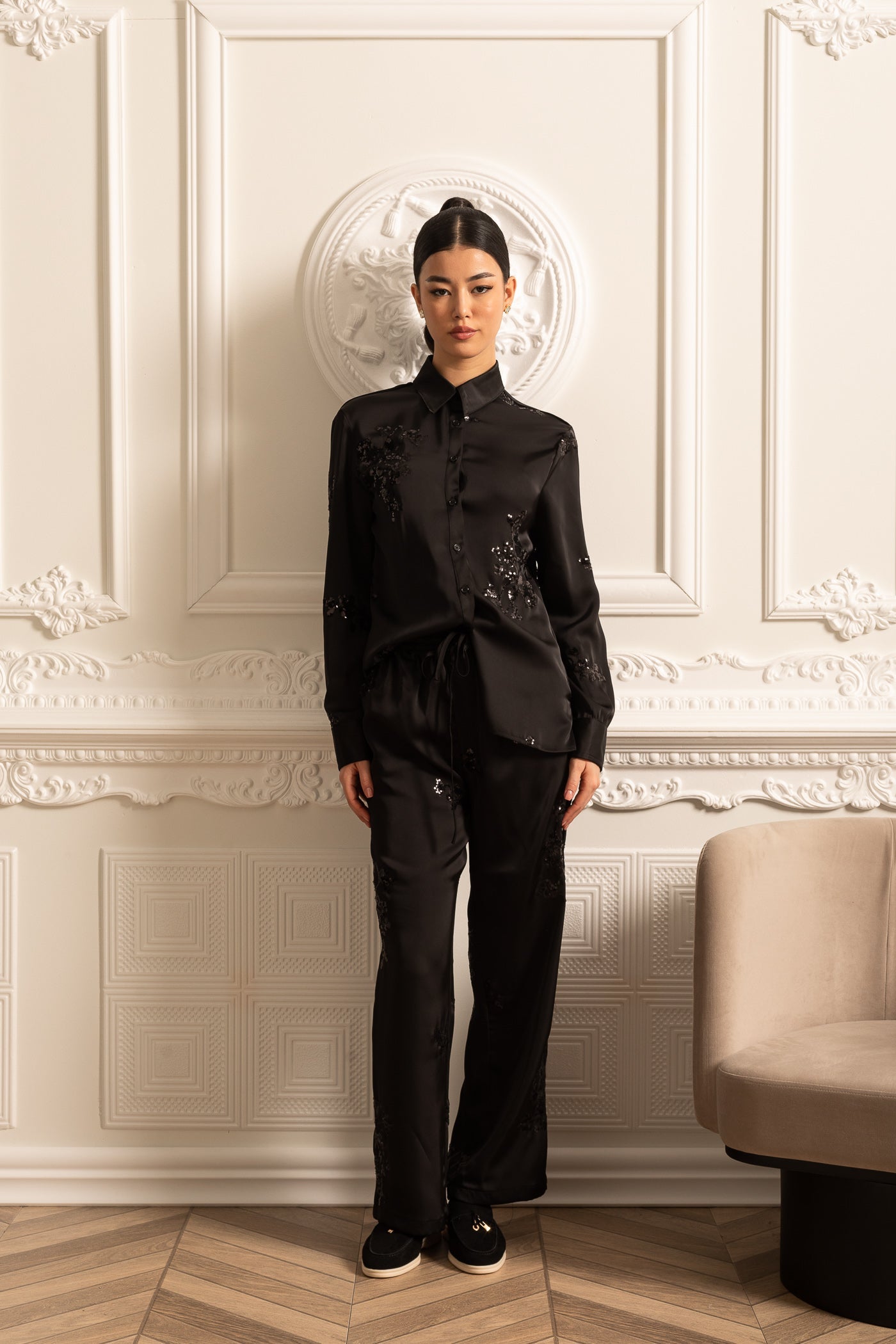 Sequin Embellished Satin Set With Long Sleeved Shirt And Coordinated Pants - Black