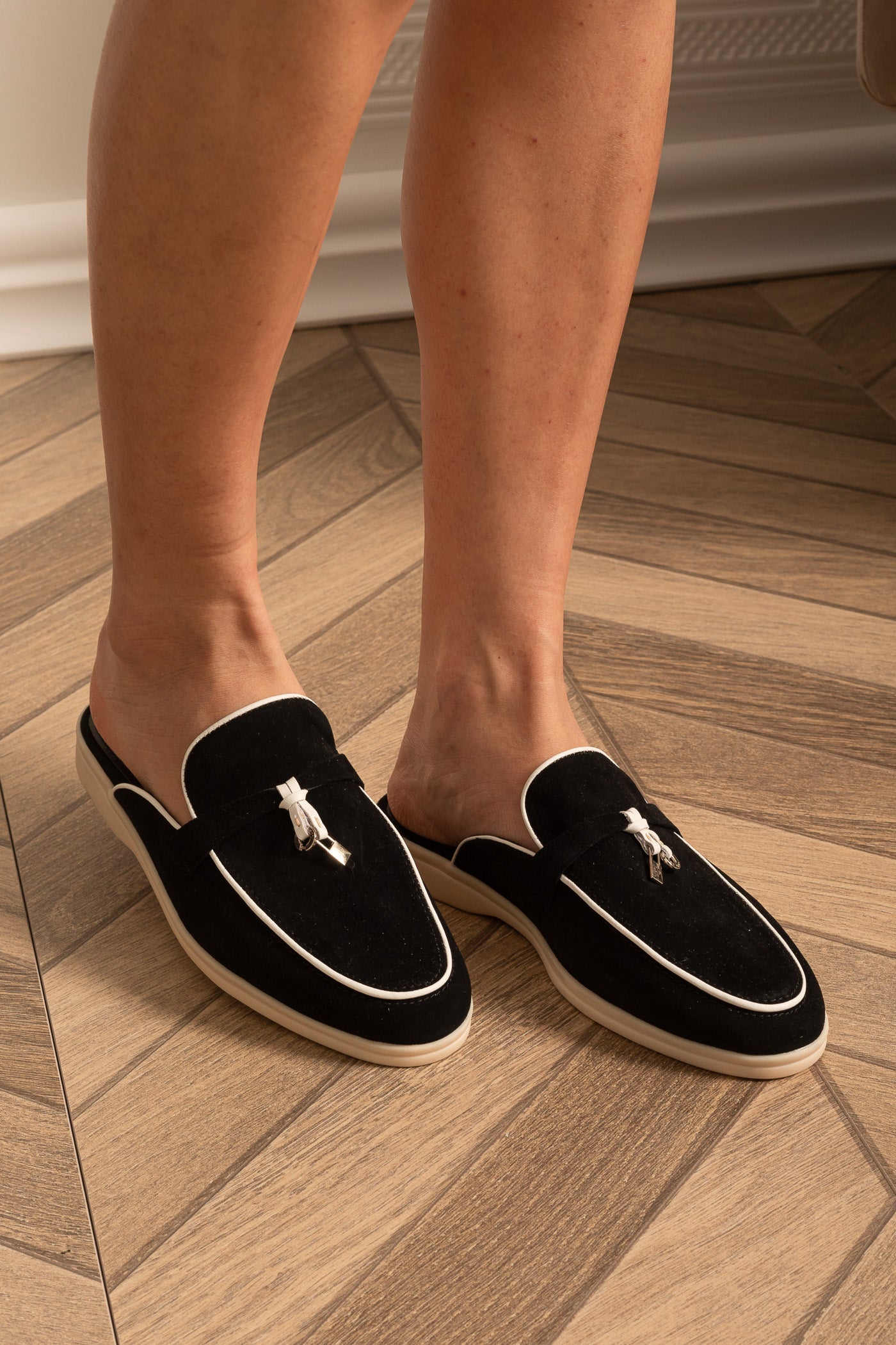 Suede Loafers With Contrasting Sole And Metal Charms - Black/White