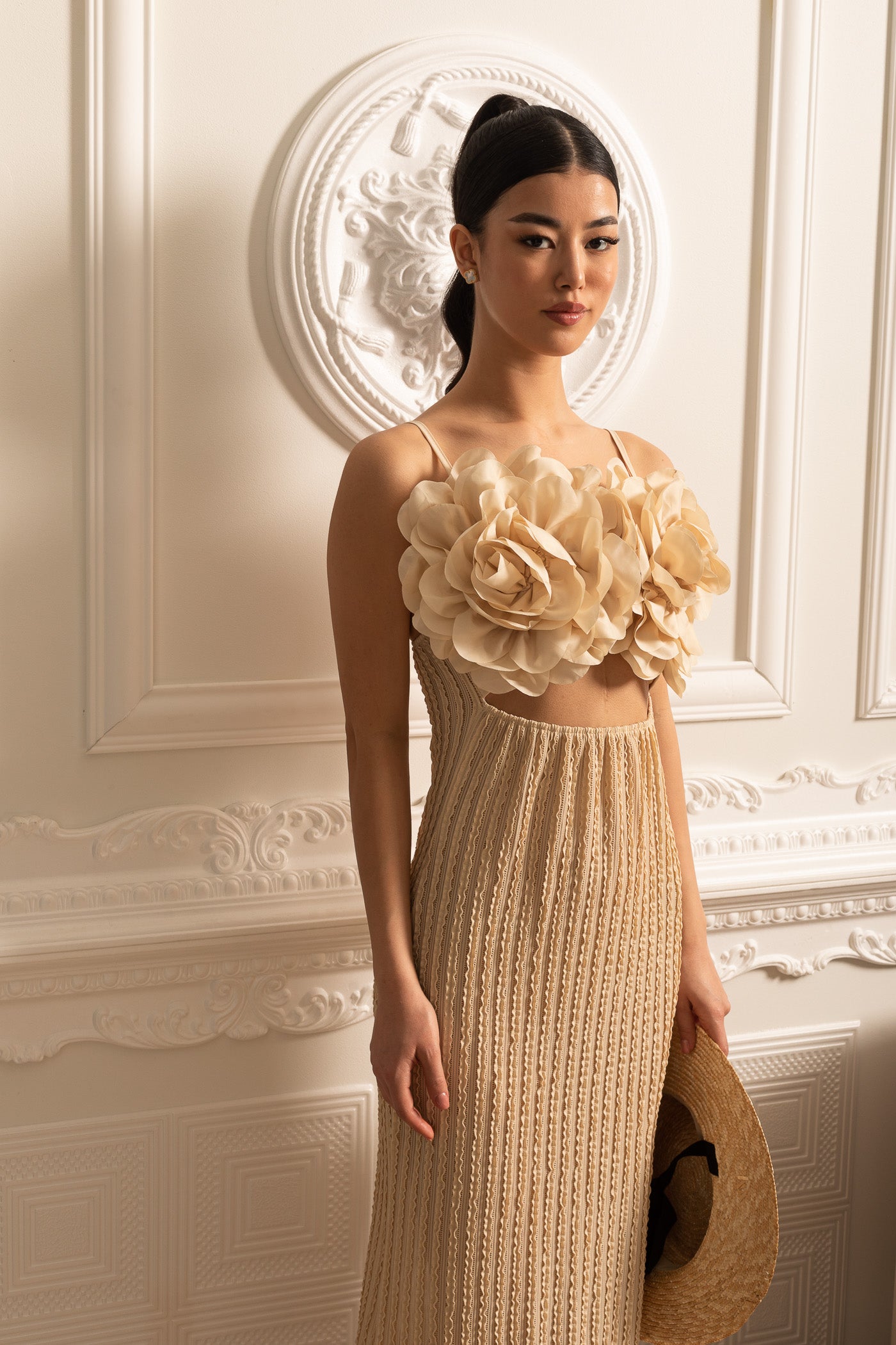 Exotic Dress With Oversized Floral Chest Embellishments - Beige