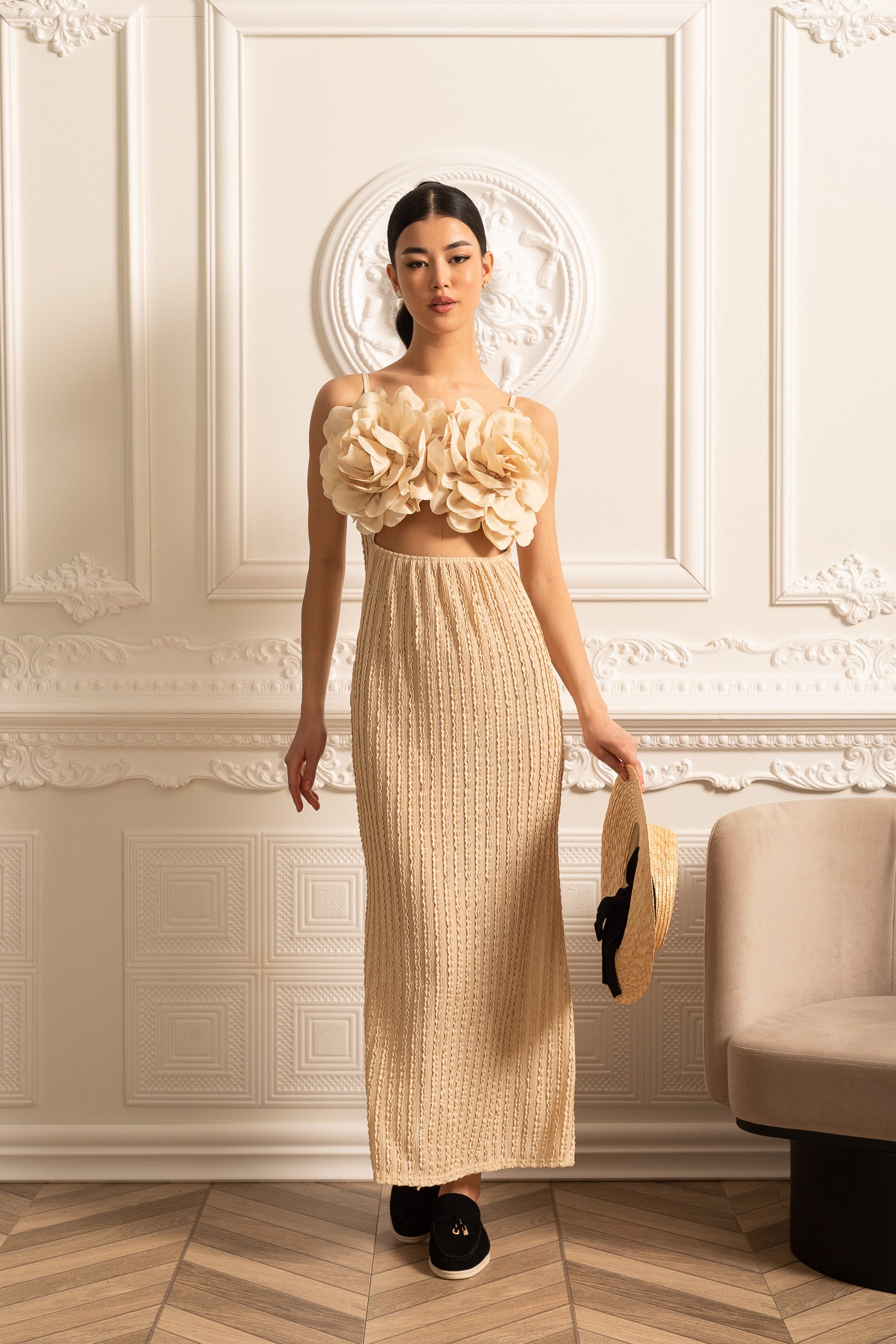 Exotic Dress With Oversized Floral Chest Embellishments - Beige
