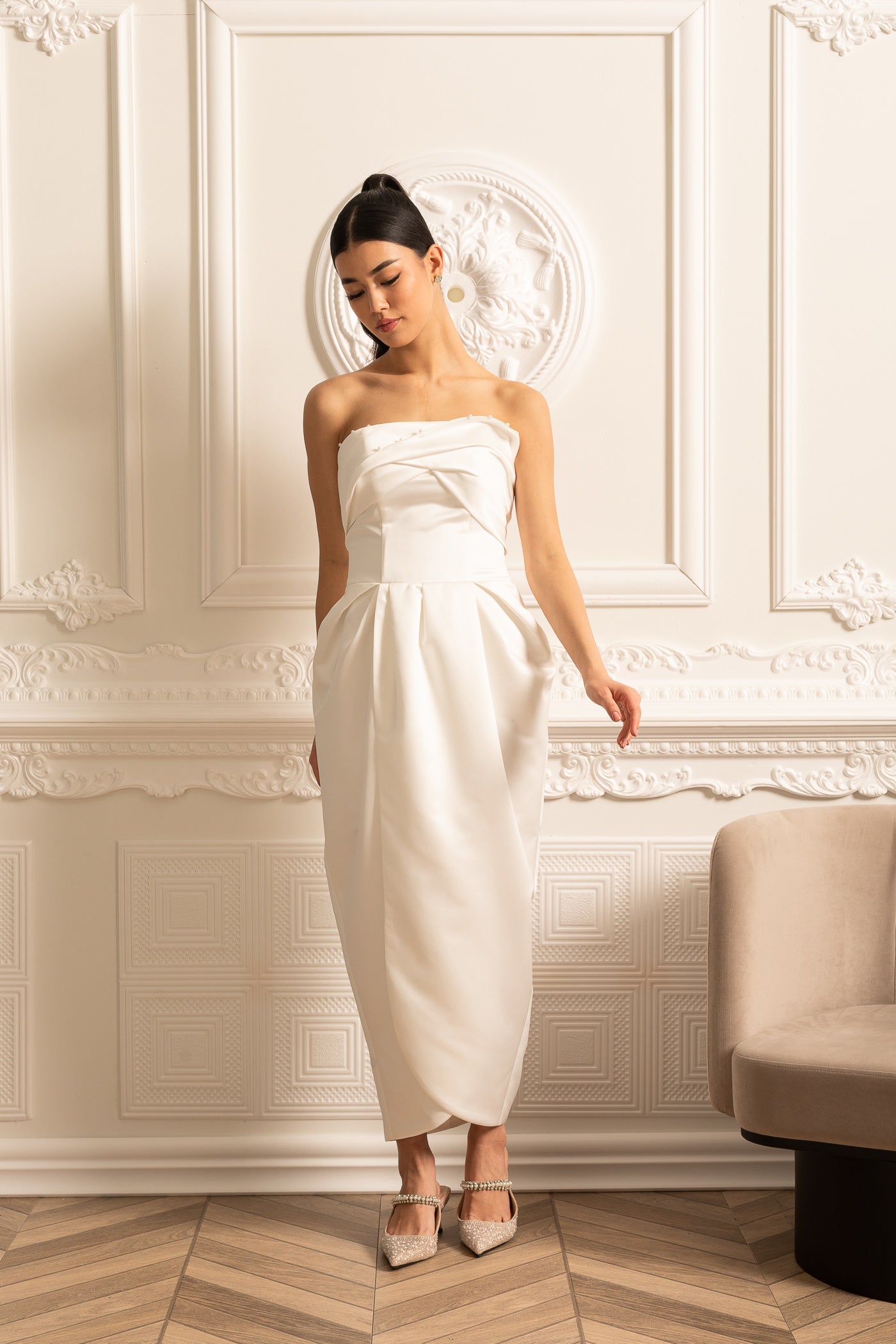 Strapless Midi Dress With Ruched Chest Detailing - White