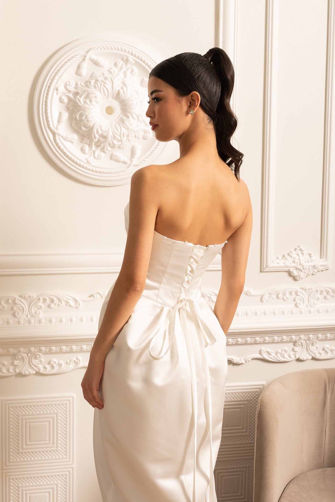 Strapless Midi Dress With Ruched Chest Detailing - White
