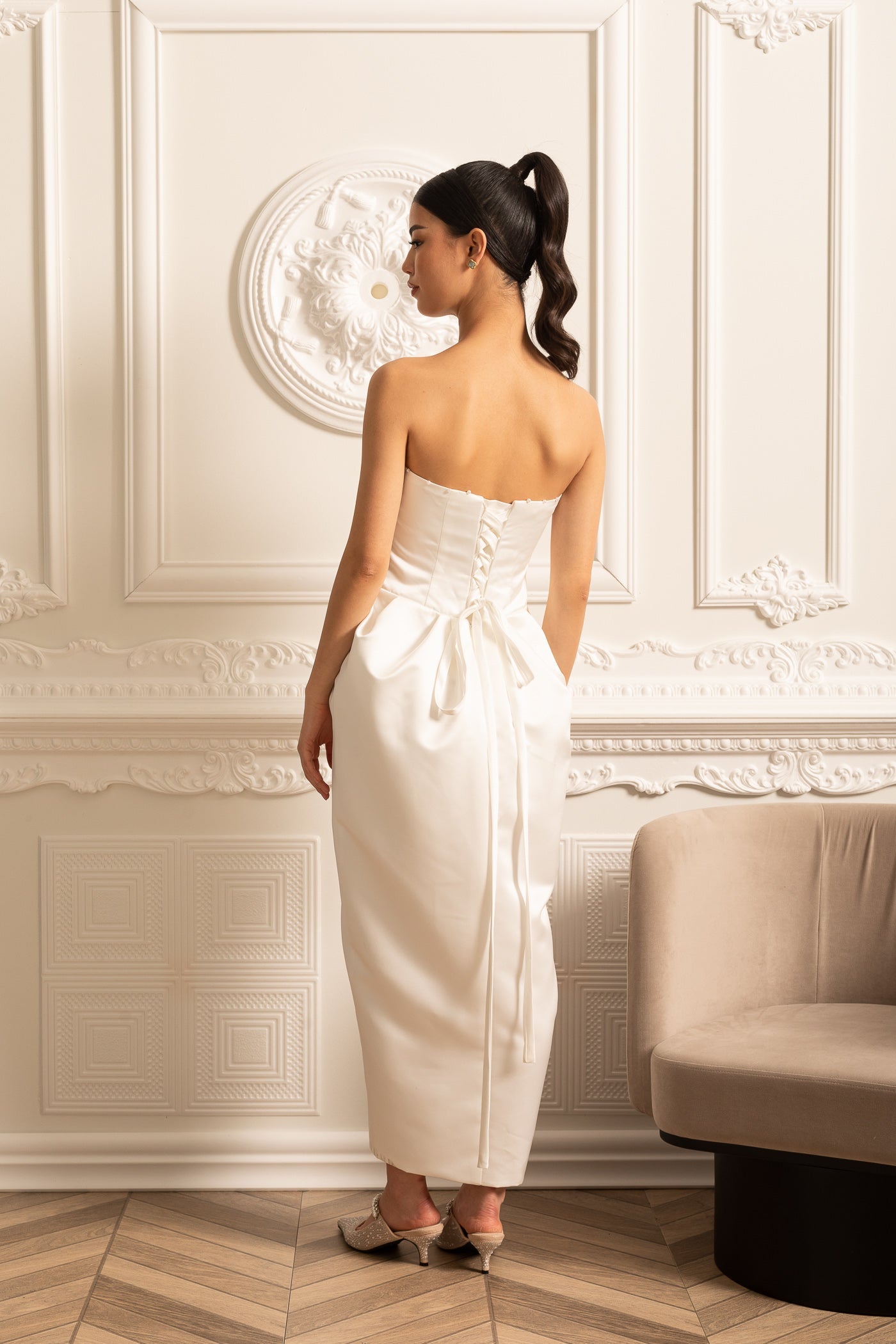 Strapless Midi Dress With Ruched Chest Detailing - White