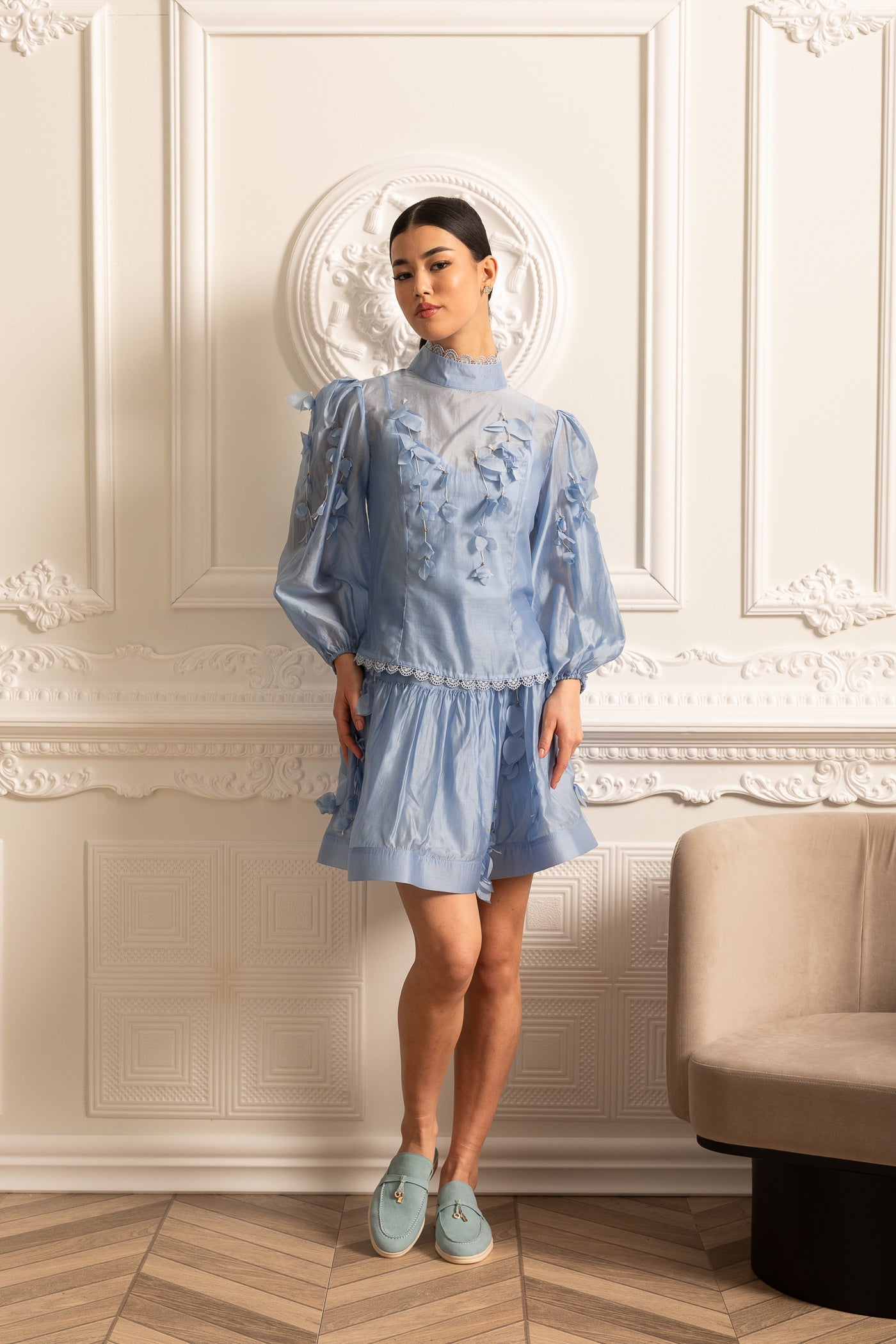 Elegant Floral Co-Ord With Delicate Lace Trim Accents - Blue