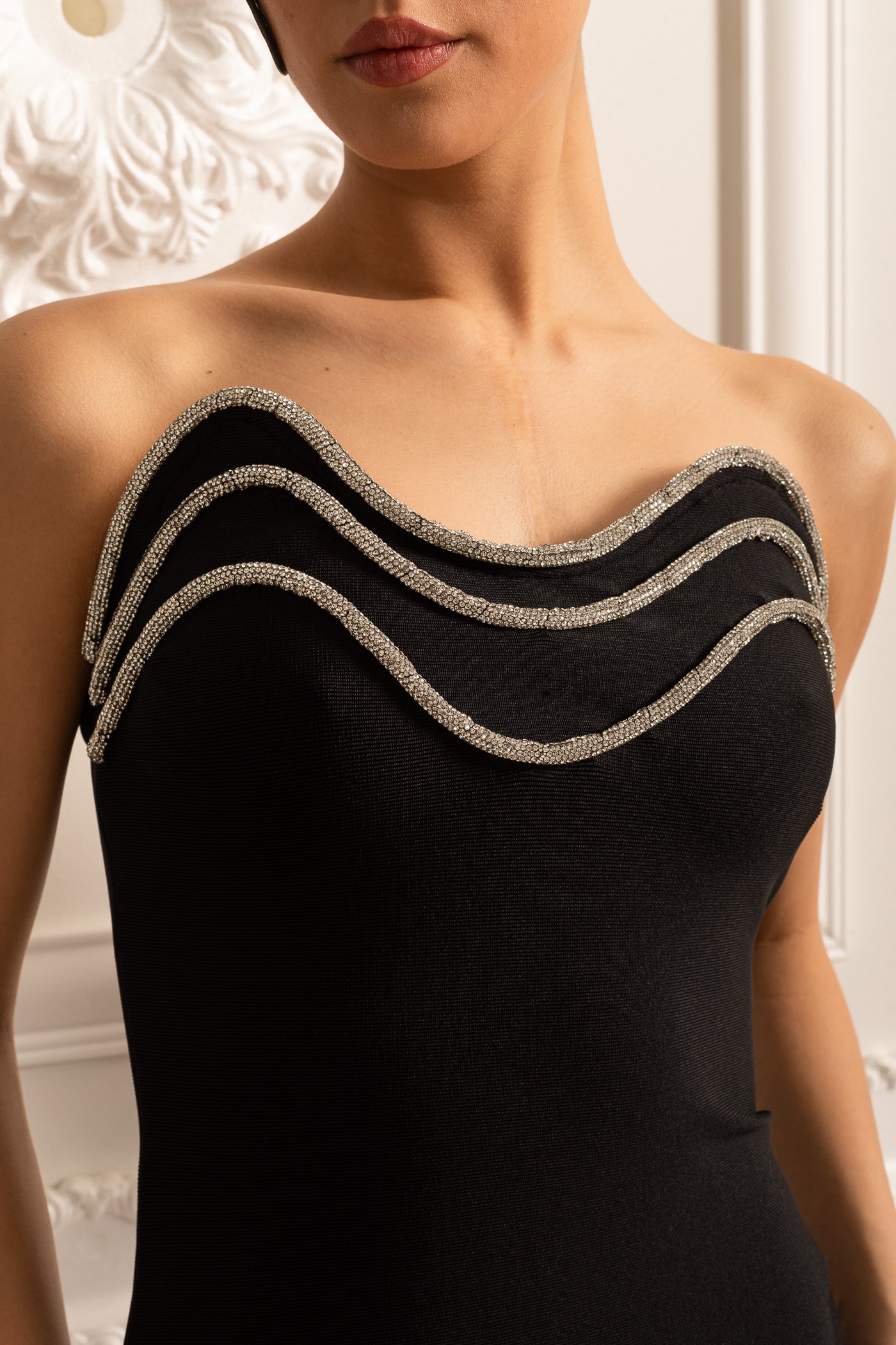 Elegant Fitted Dress With Silver Embellished Neckline Trim - Black