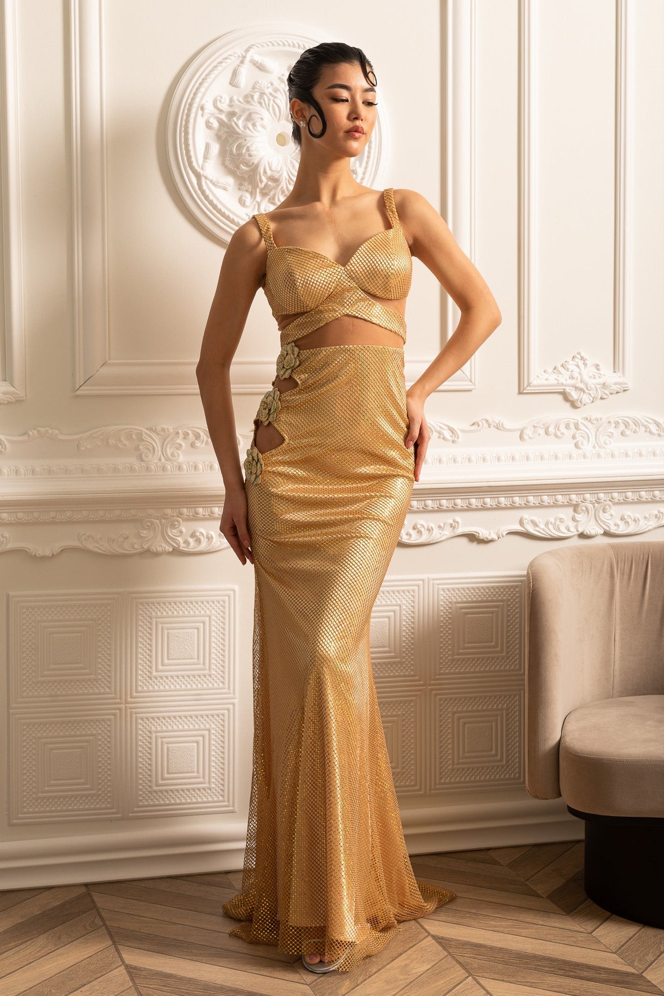 Mesh Gown With Floral Embellishments And Cut-Out Details  - Gold