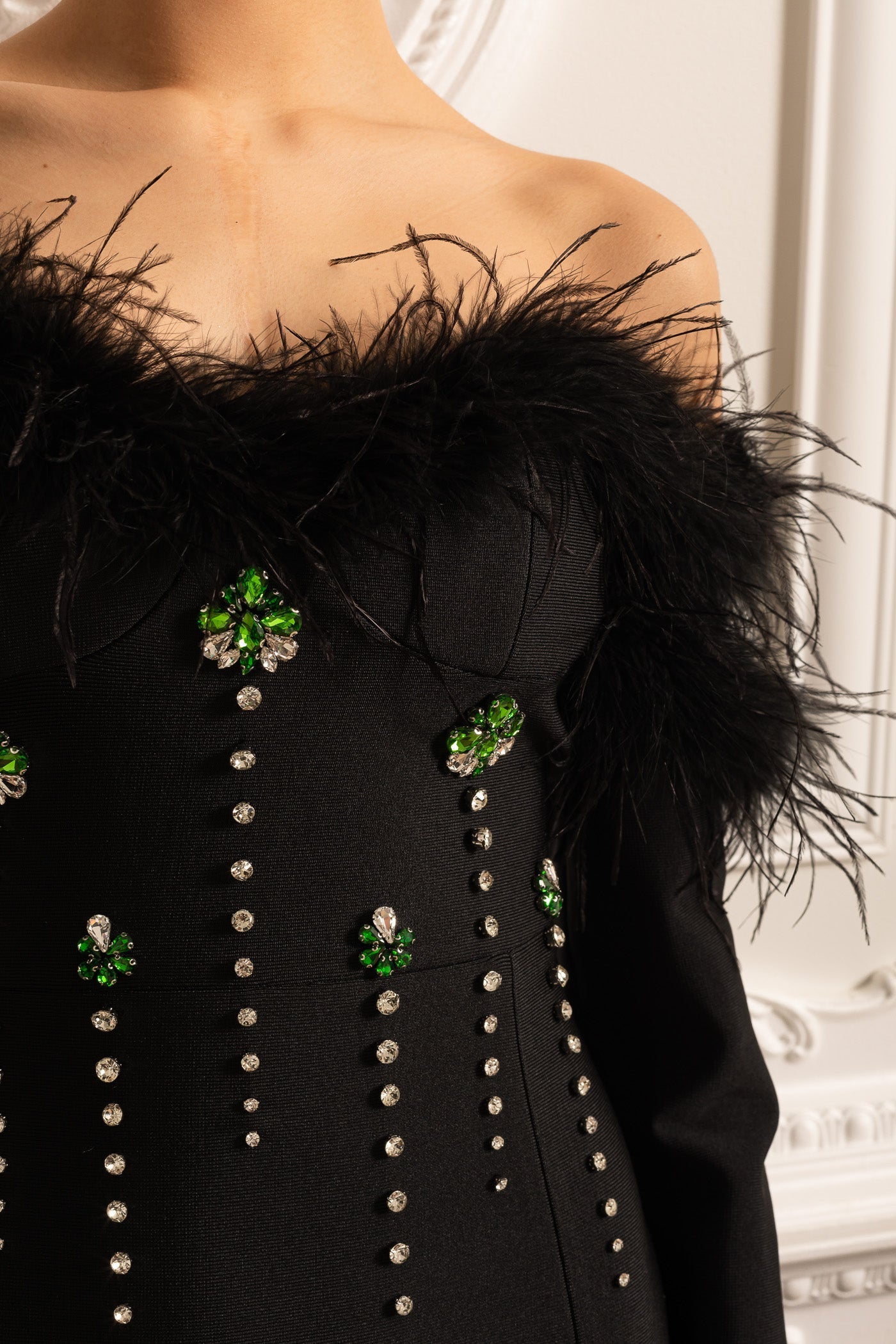 Feather Adorned Dress With Sparkling Embellishments And High-Side Slit  - Black