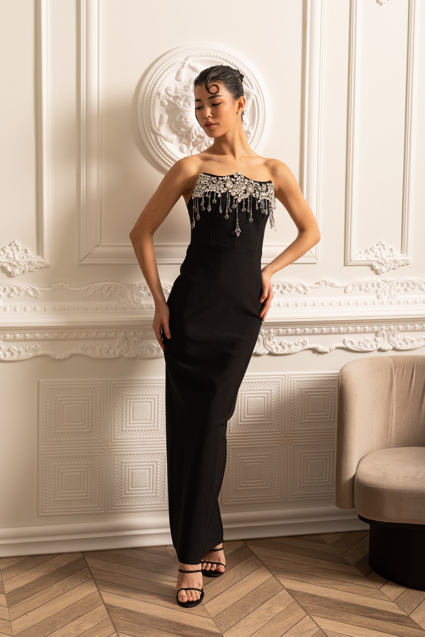 Elegant Fitted Corset Dress With Sparkling Silver Embellishments - Black