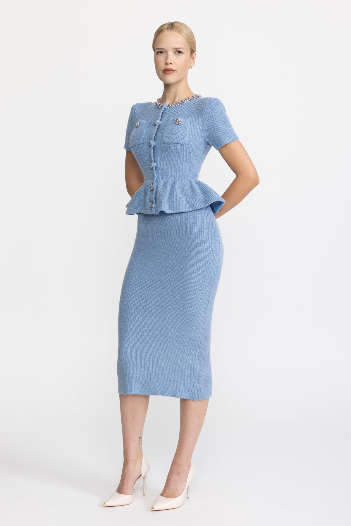 Crystal Embellished Knit Peplum Midi Dress - Light Blue