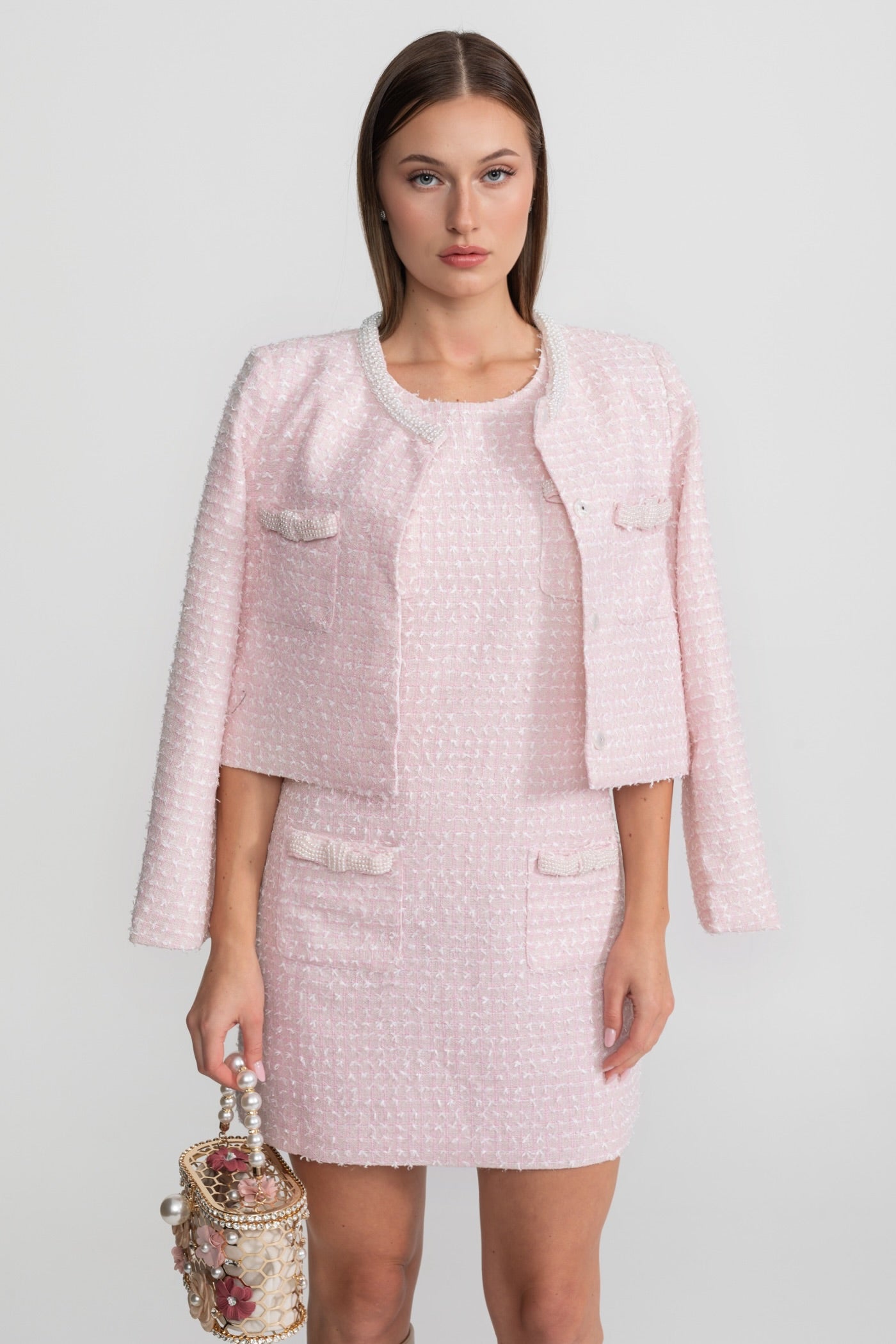Embellished Tweed Jacket With Delicate Pearl Trim - Light Pink