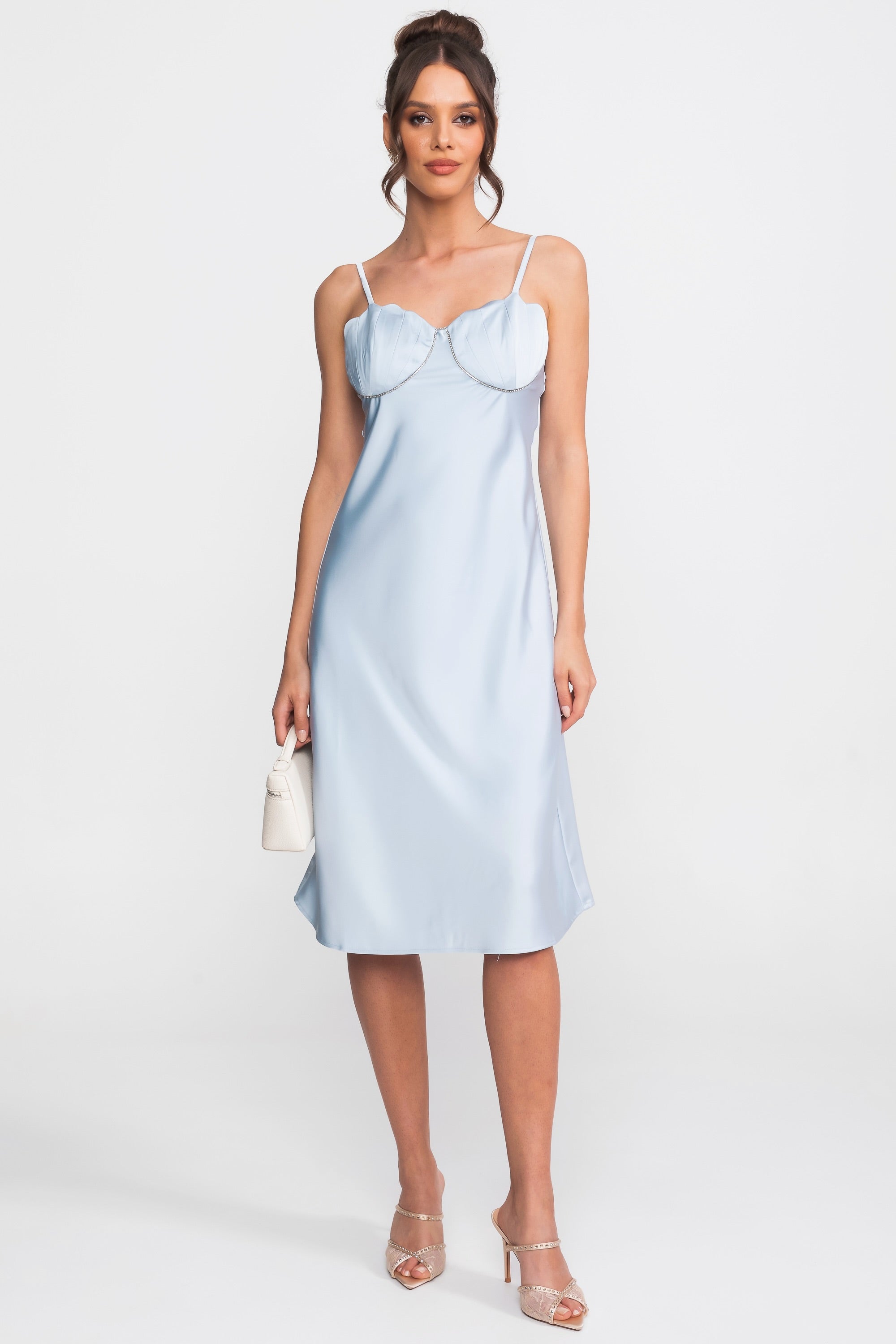Abito Midi Slip in Satin con Corpino Bustier a Cuore - Light Blue 
