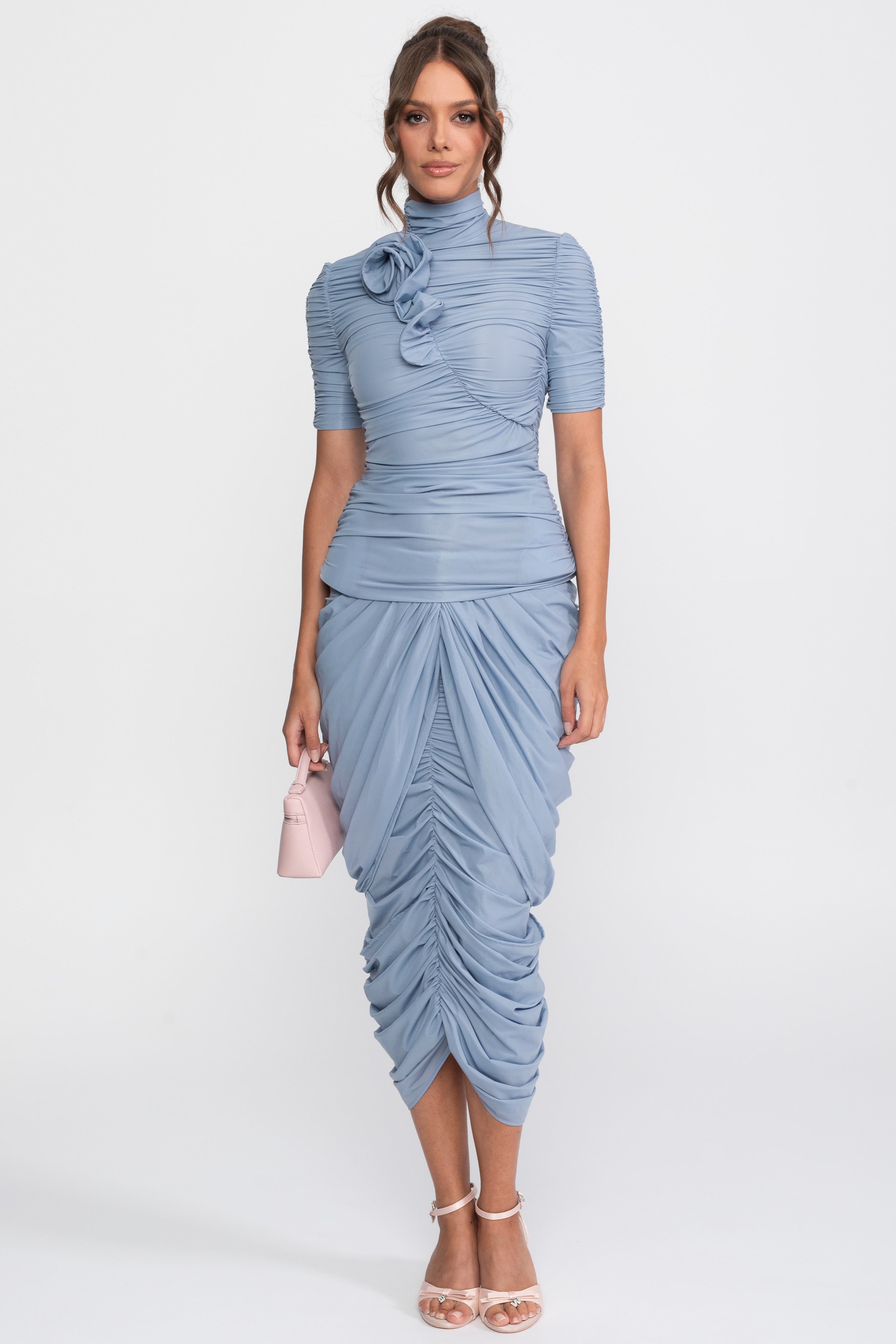 Coordinato Rosette con top arricciato e gonna midi coordinata - Blu 
