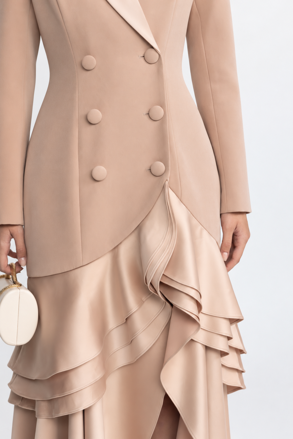 Satin Ruffle Hem Double-Breasted Blazer Maxi Dress - Beige