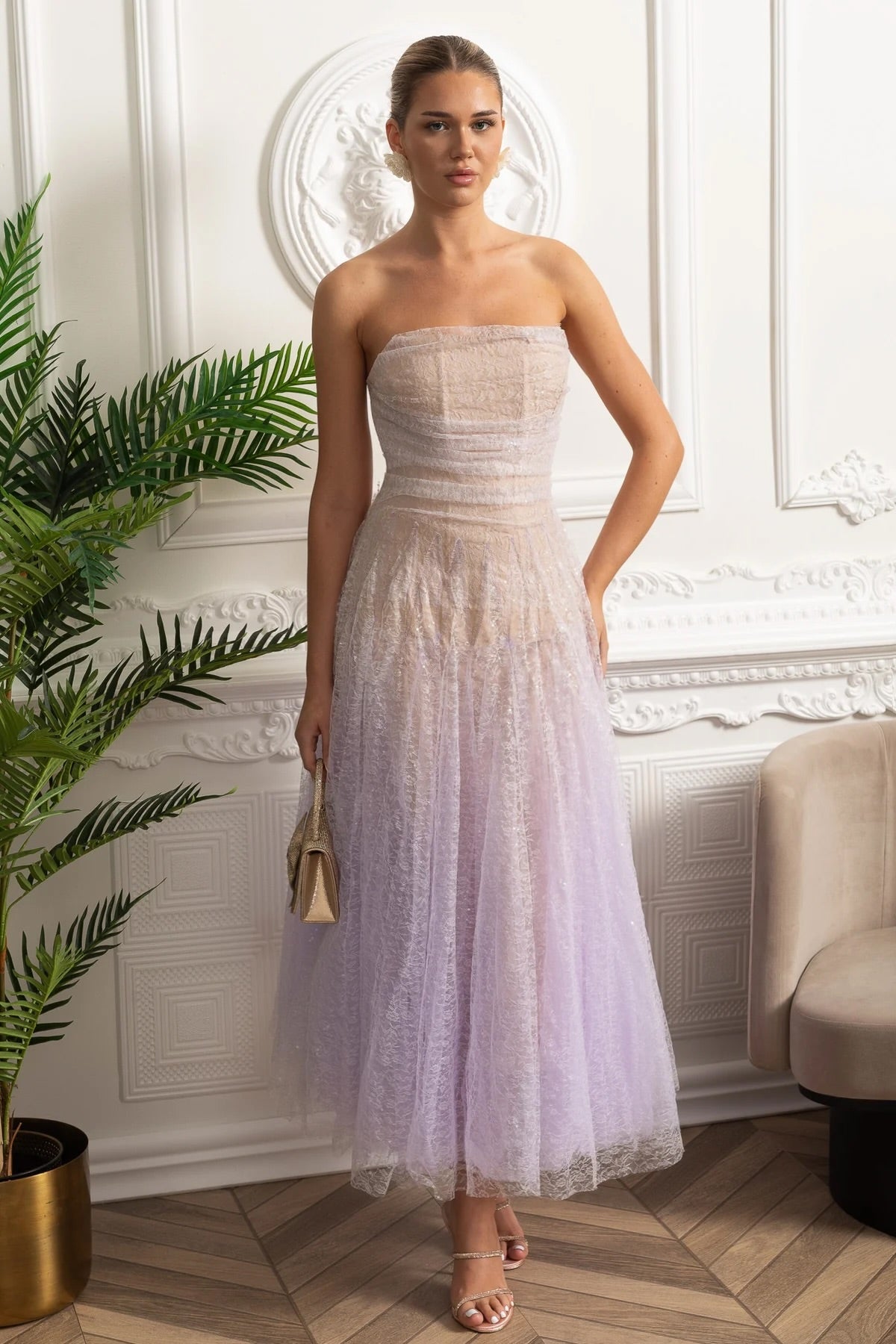 Strapless A-Line Midi Dress With Shimmery Textured Overlay - Lilac Gradient