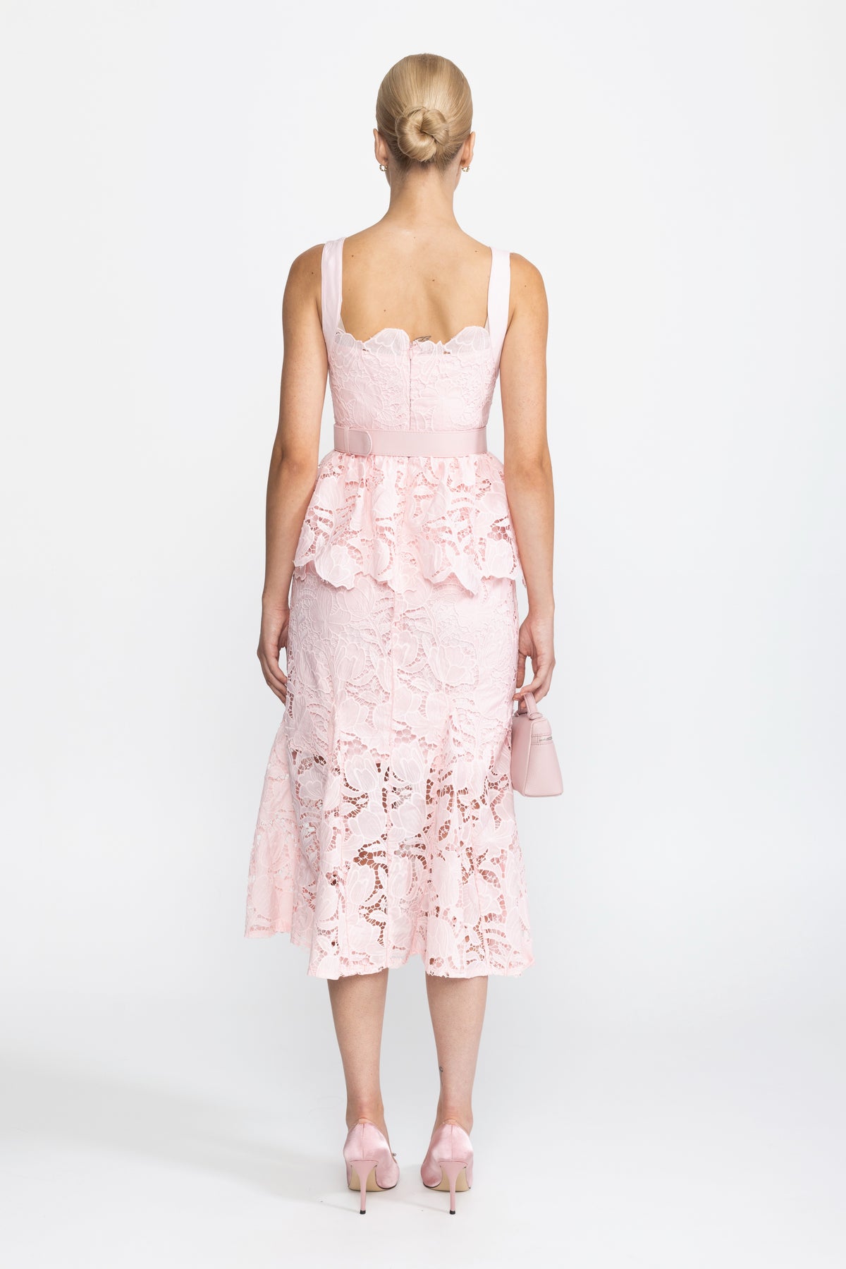 Abito midi peplum in pizzo guipure - Rosa 
