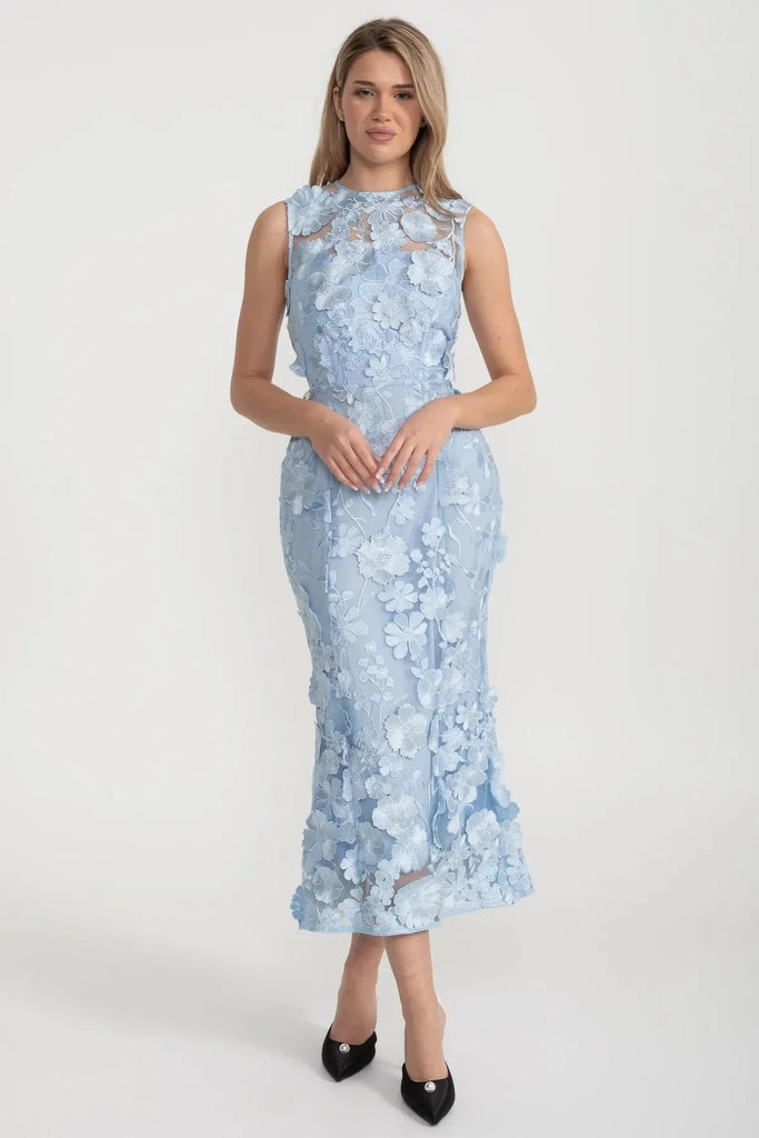 Abito Trasparente con Vita Sagomata e Applicazioni Floreali - Baby Blue 