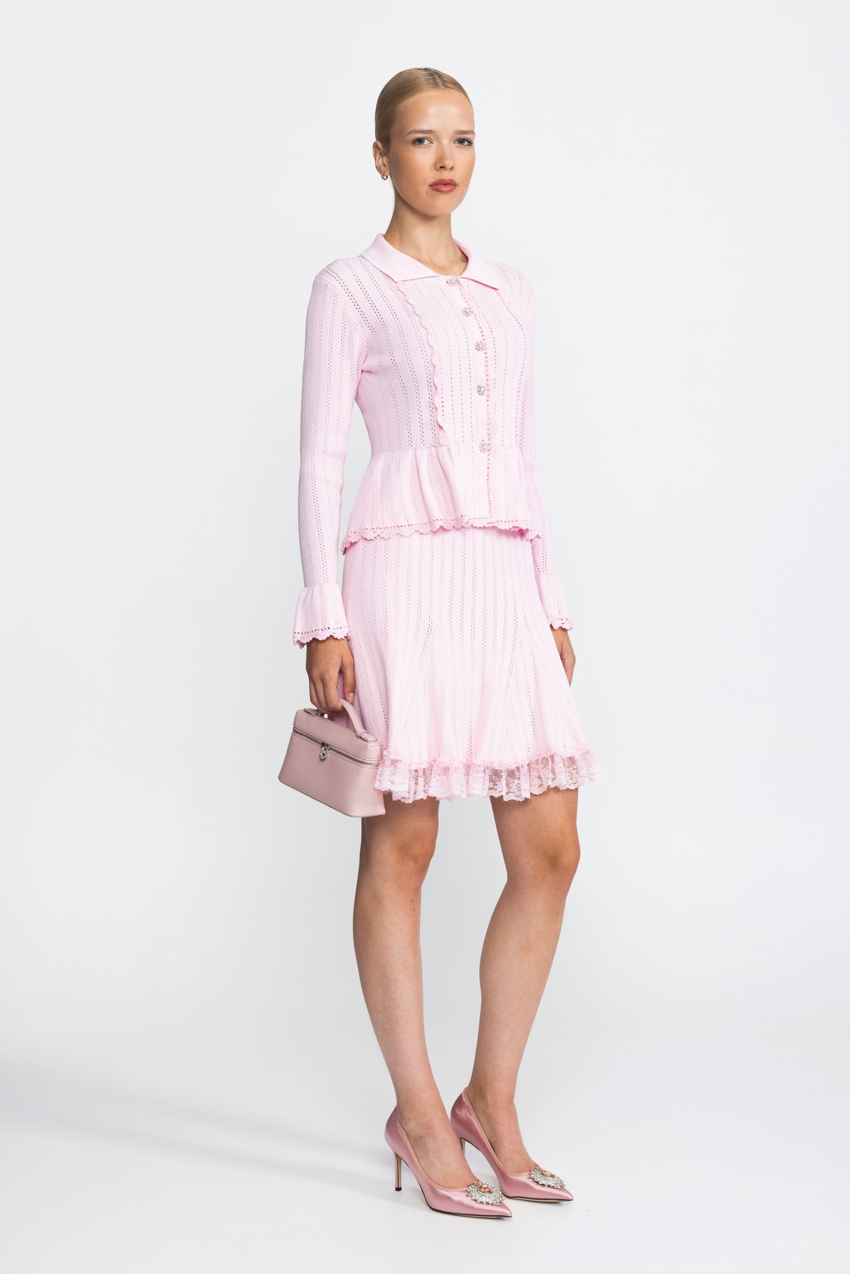 Pointelle Knit Peplum Cardigan and Lace Hem Skirt Co-ord Set - Pink