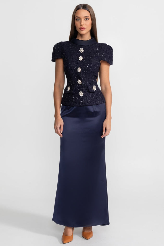 Completo Coordinato con Top in Tweed Decorato e Gonna Maxi in Raso - Navy 