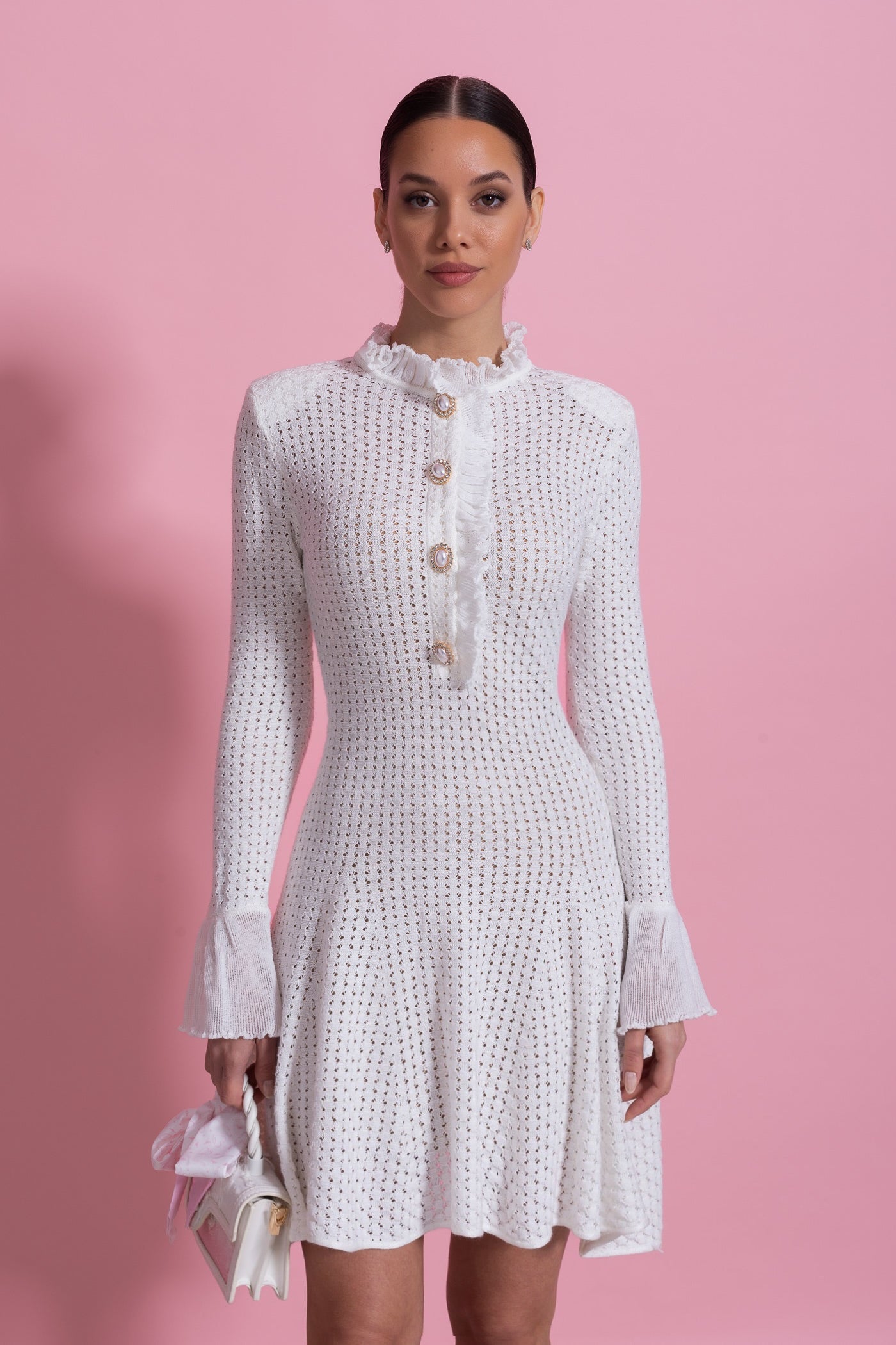Open-Knit Mini Dress With Ruffle High Neck And Pearl Button Placket - White