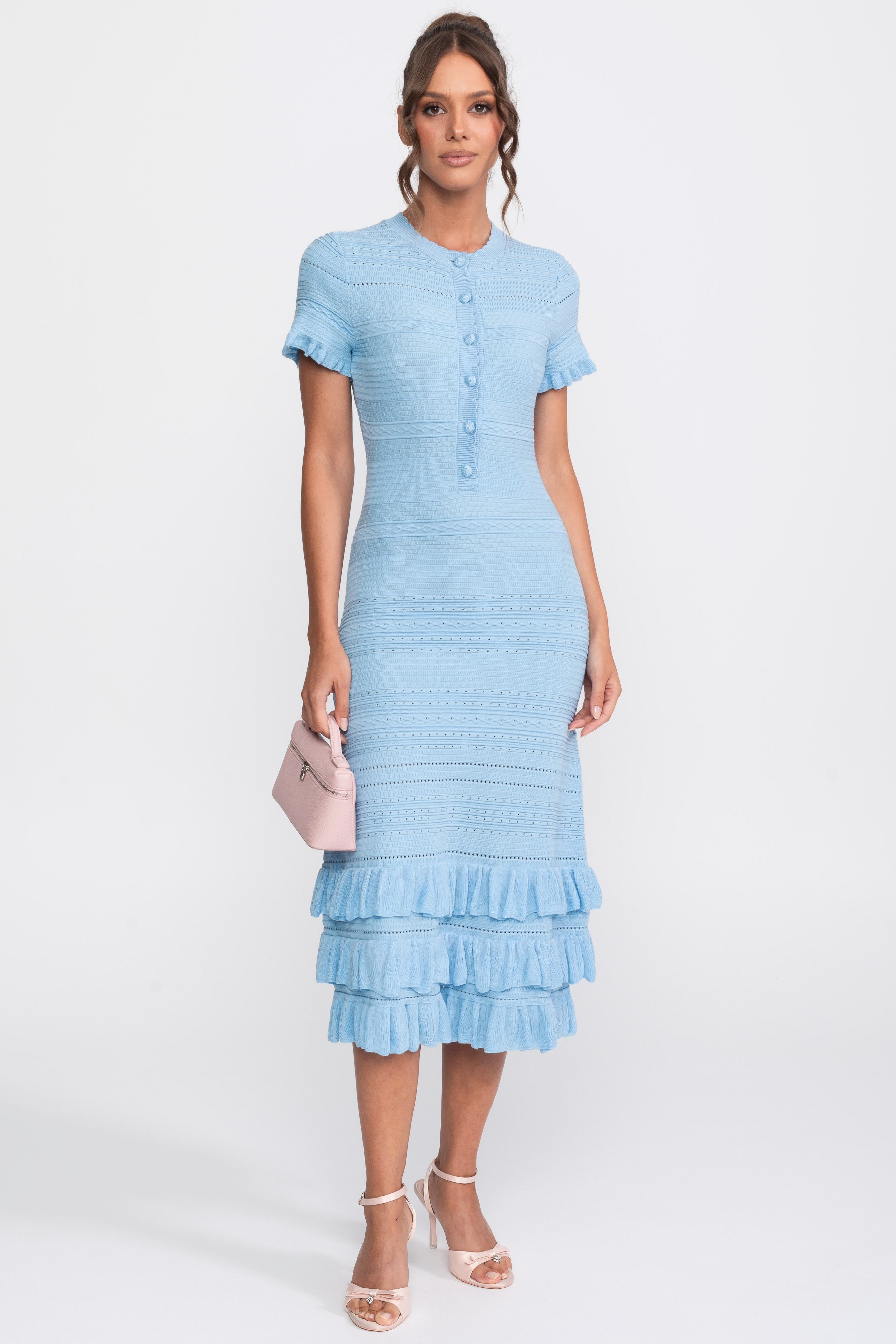 Ruffle Hem Knit Midi Dress With Button Front - Sky Blue