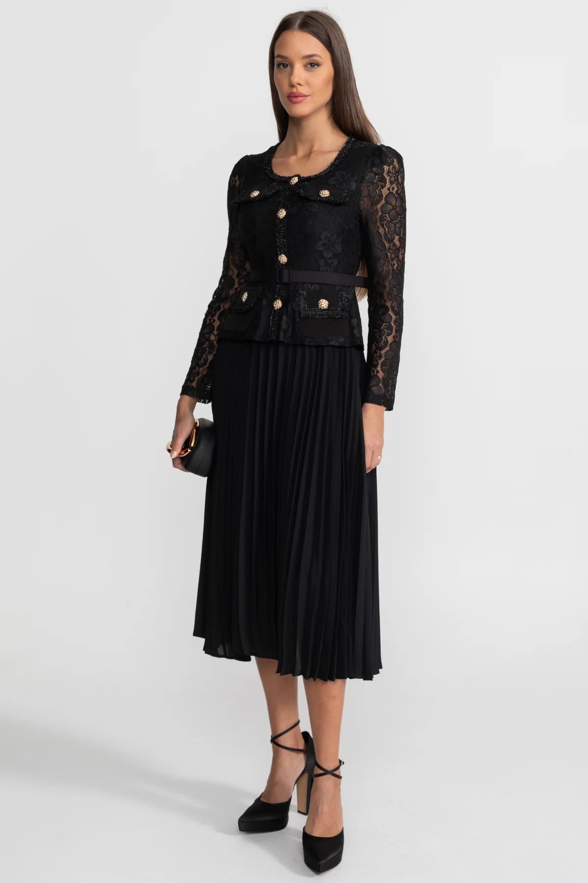 Lace and Pleated Midi Dress with Gold Button Detailing - Black