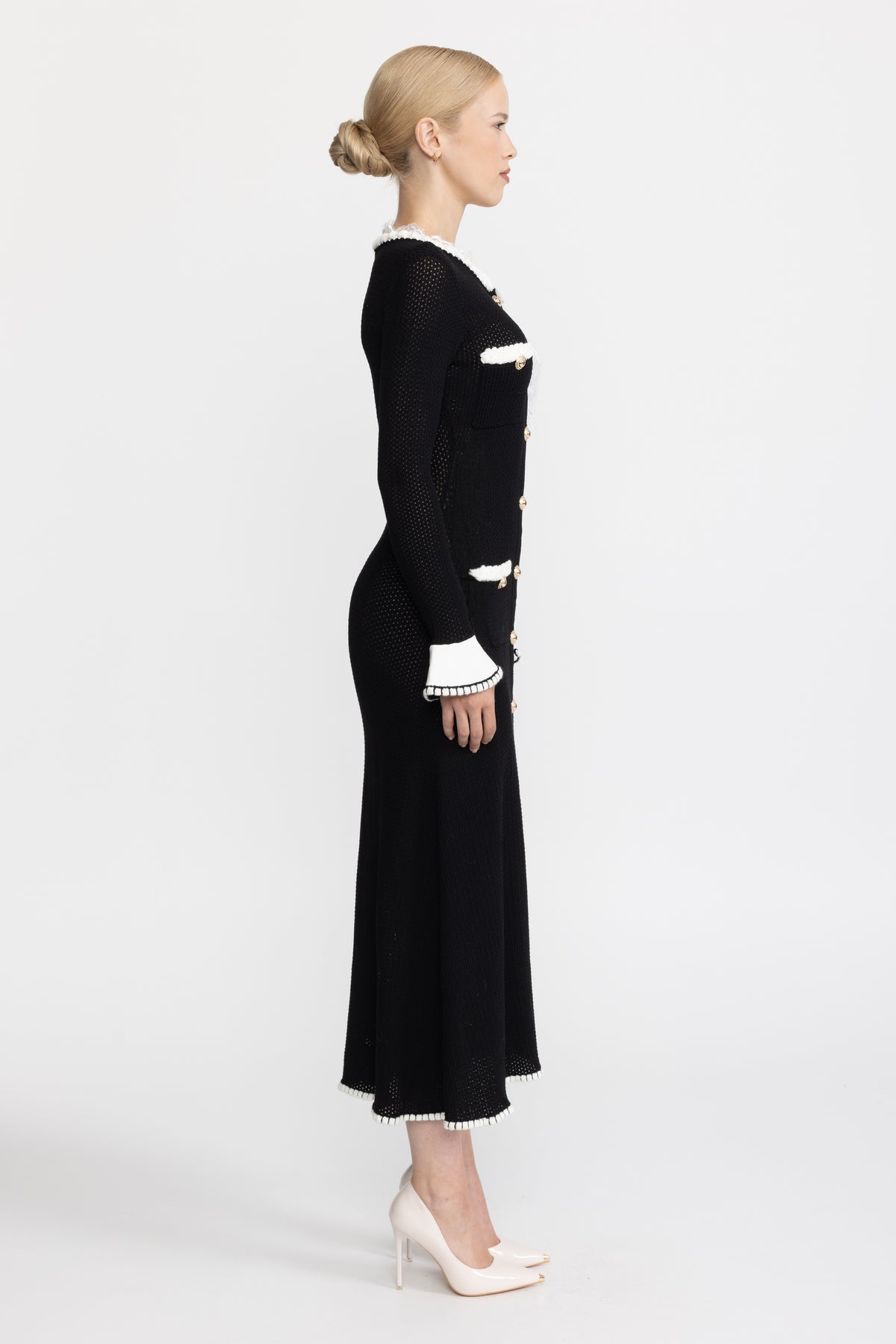 Lace Trim Pointelle Knit Button-Front Midi Dress - Black