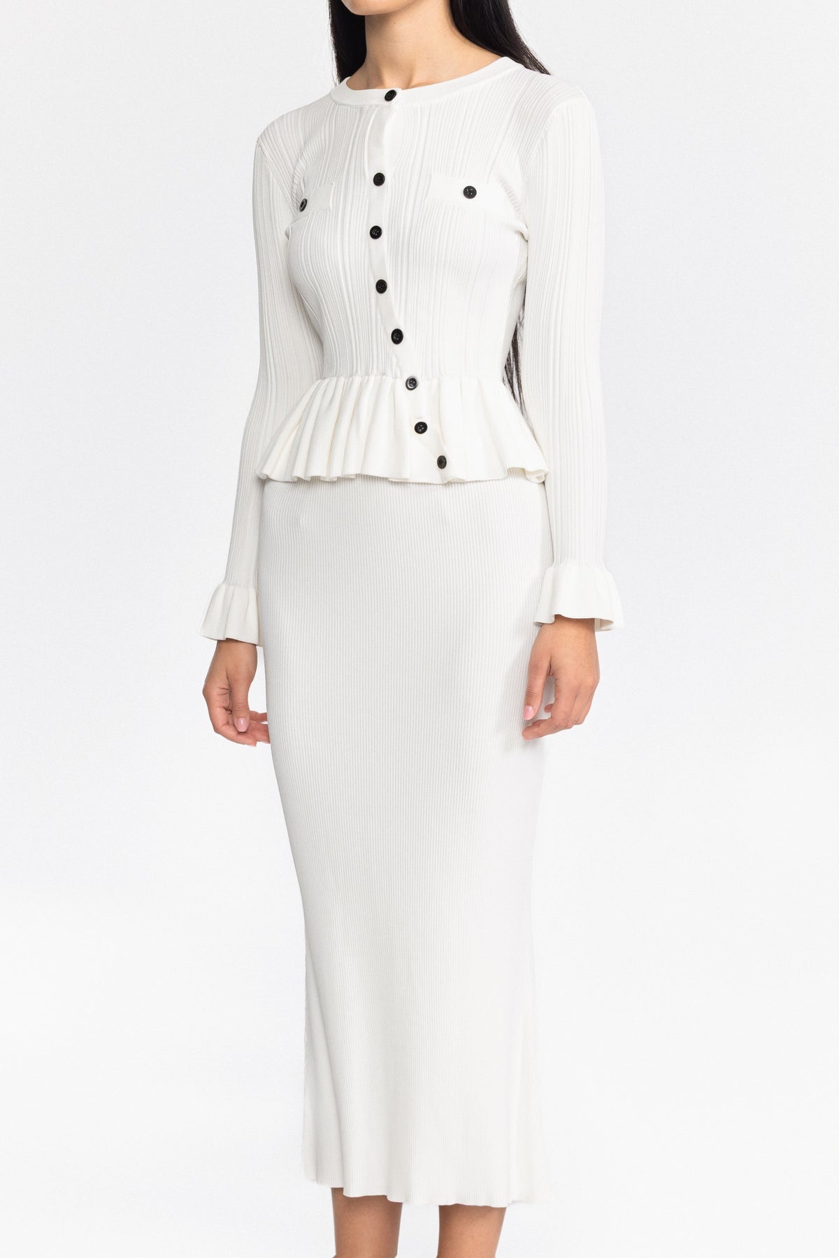 Ribbed Knit Peplum Cardigan and Midi Skirt Set - White