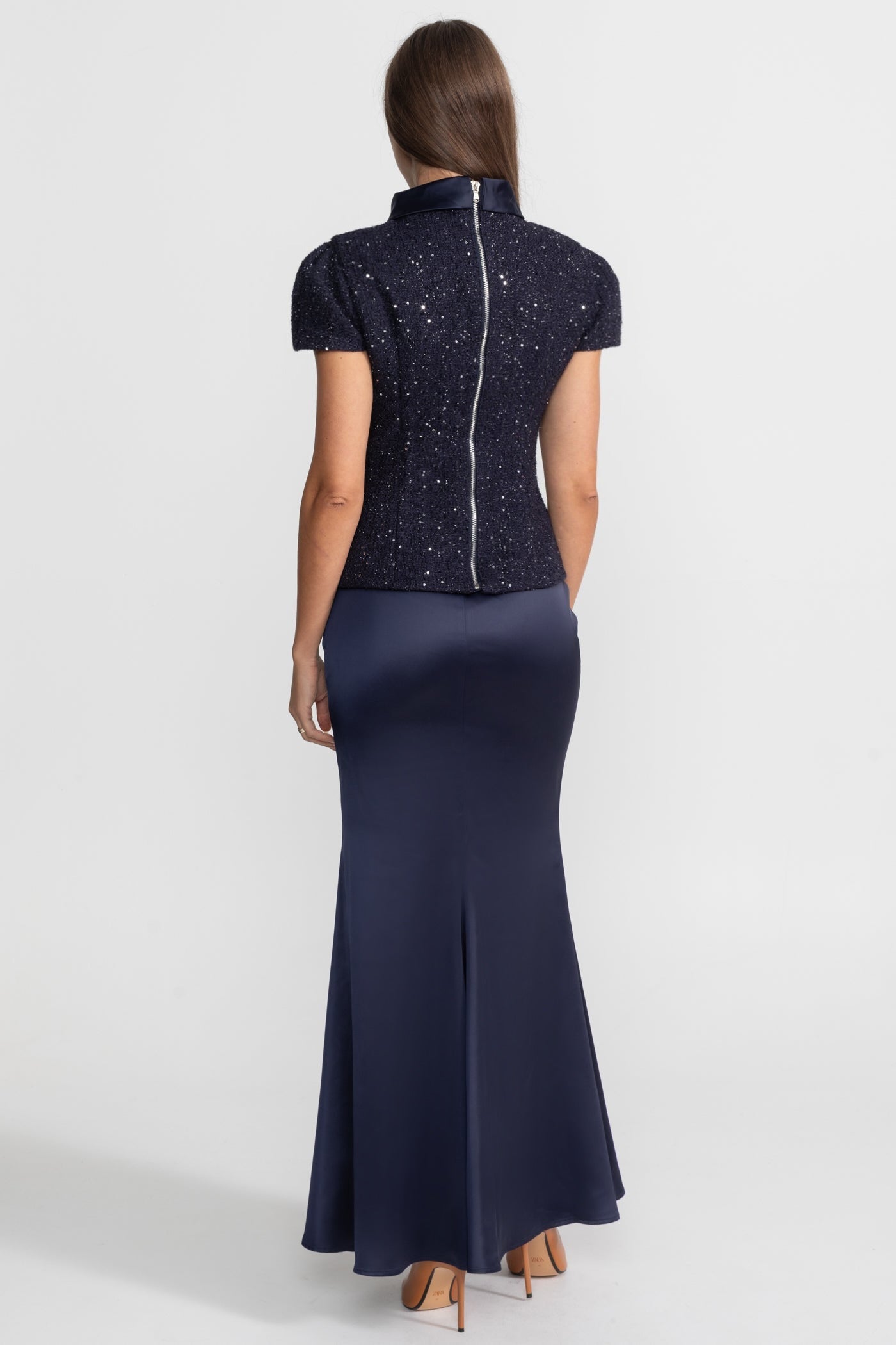 Co-Ord Set with Tweed Embellished Top and Satin Maxi Skirt - Navy