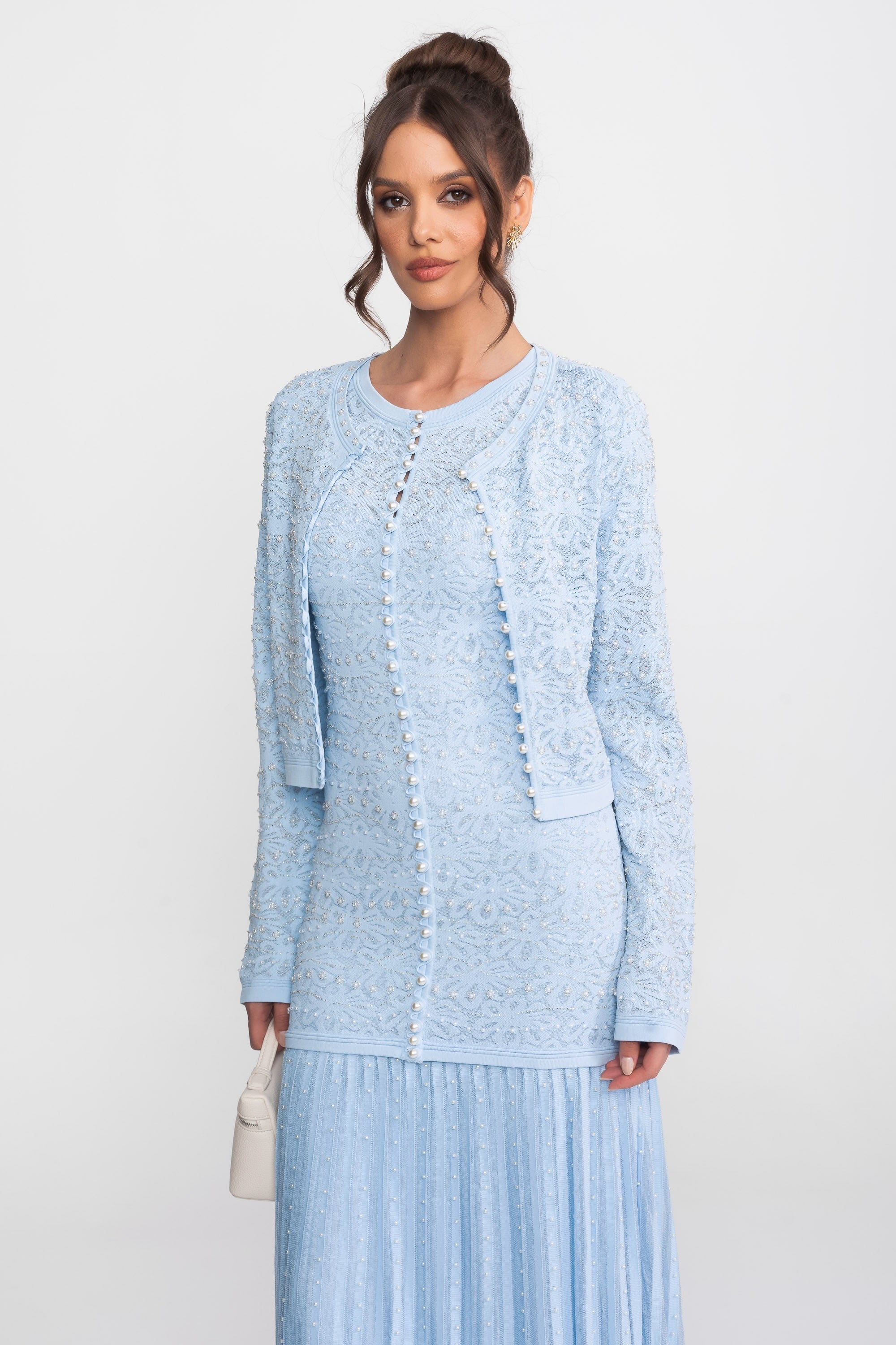 Top a Manica Lunga Decorato con Chiusura a Bottoni di Perla - Blue 